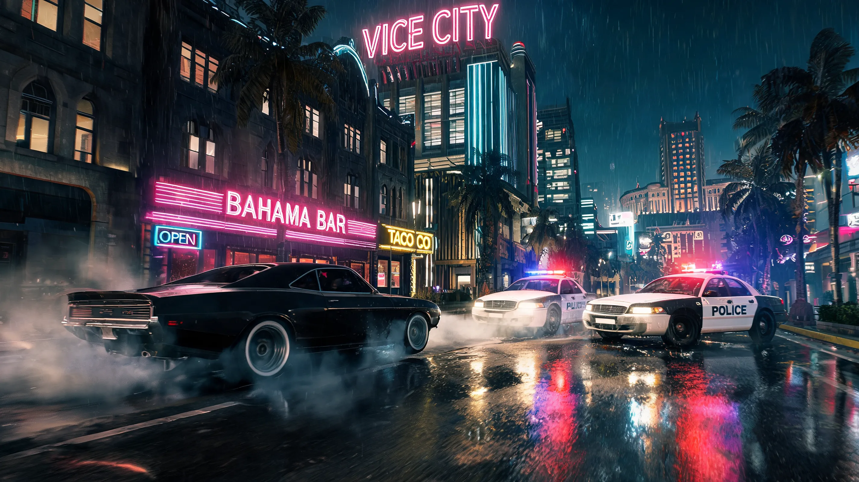 A high-speed police chase through downtown Vice City at night, a black muscle car drifting around a corner, police cruisers with flashing red and blue lights, neon storefronts, motion blur, rain-slicked streets, GTA 6 screenshot style, dynamic action, cinematic.