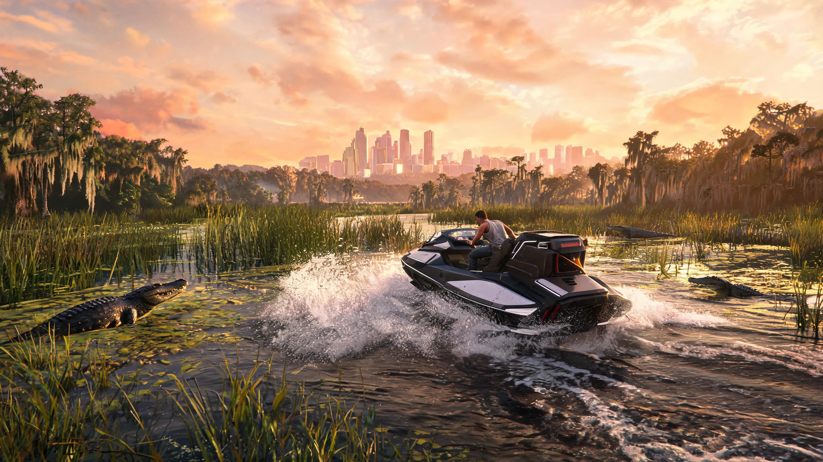 A fan-made GTA 6-inspired scene showing a hovercraft speeding through the Everglades at golden hour, alligators in the water, distant city skyline, orange and pink sky, swamp grass, cinematic lighting, open-world video game screenshot, highly detailed.