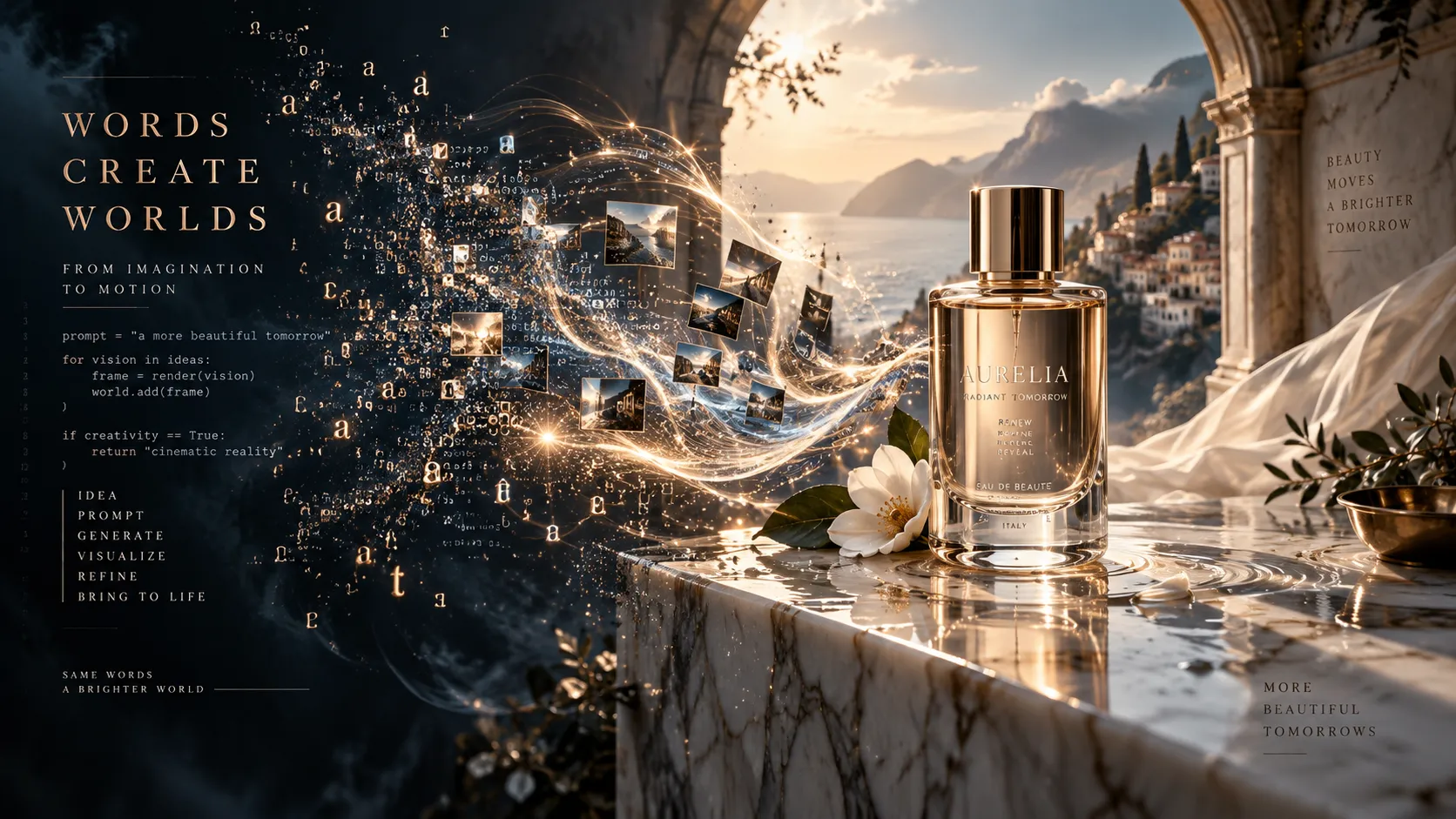 A high-end cinematic visual representation of text transforming into motion picture. On the left, glowing typography elements and illuminated lines of code fragment and dissolve into ethereal shimmering particles. These flowing luminous particles seamlessly bridge across the canvas, morphing into a photorealistic, ultra-detailed 8k video frame on the right side. The scene within the frame features a luxury aesthetic: a glass cosmetic bottle resting on sunlit white Italian marble, with soft morning haze, gentle lens flare, dynamic liquid ripples, and cinematic depth of field. Dark slate blue and copper color palette, dramatic studio rim lighting, volumetric light rays, hyper-realistic detail, award-winning commercial photography style, 8k resolution, shot on Hasselblad, perfectly centered composition, clean and sophisticated art direction.