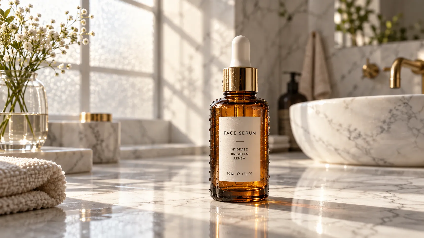 A luxury glass skincare serum bottle placed elegantly on a polished white Carrara marble countertop in a high-end minimalist bathroom. Delicate droplets of condensation glisten on the amber glass surface. Soft morning sunlight streams through a large frosted window off-camera, creating soft directional light rays, ambient atmosphere, and natural geometric window frame shadows across the marble background. Highly detailed texture of the stone surface, subtle reflections, photorealistic lighting physics, soft organic depth of field with cinematic bokeh. High-end beauty editorial photography, 8k resolution, Unreal Engine 5 render feel, perfectly balanced color tone, ultra-sharp focus on the product label area.