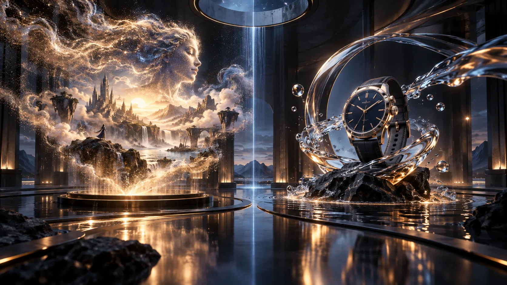 A conceptual split composition on a sleek dark architectural background, representing two creative workflows without any UI elements. Left side (Idea-first Text-to-Video): glowing volumetric dust particles and ethereal light beams coalescing into a magnificent emerging cinematic scene, symbolizing generation from thin air and imagination. Right side (Asset-first Image-to-Video): a crystalline, frozen high-definition still photograph of a product anchored in space, with smooth, fluid liquid ribbons and motion blur sweeping past it, symbolizing adding physical motion to a static photo asset. Sophisticated glassmorphism aesthetic, deep indigo and warm amber accent lighting, elegant balance, minimalist 3D rendering, premium corporate design style.