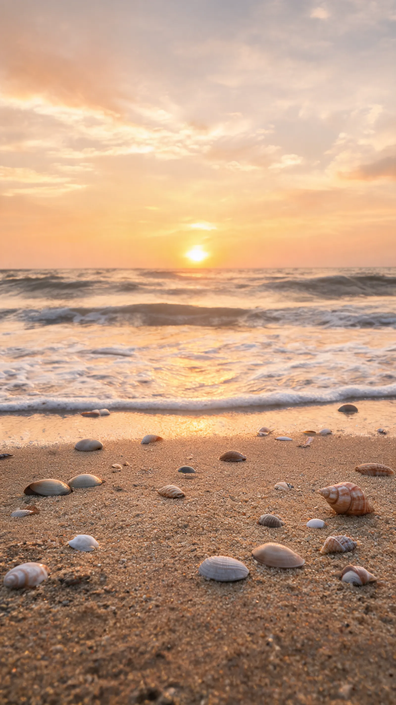 Ultra-realistic beach sunset, golden hour lighting, gentle waves, detailed sand texture, scattered seashells, atmospheric diffusion, professional photographer perspective