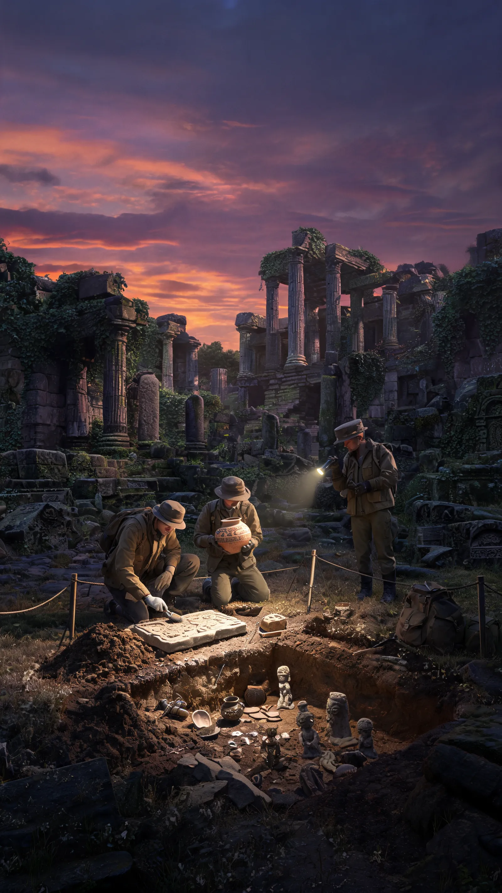 At a mysterious ancient site, archaeologists uncover old artifacts, historical secrets coming to light.