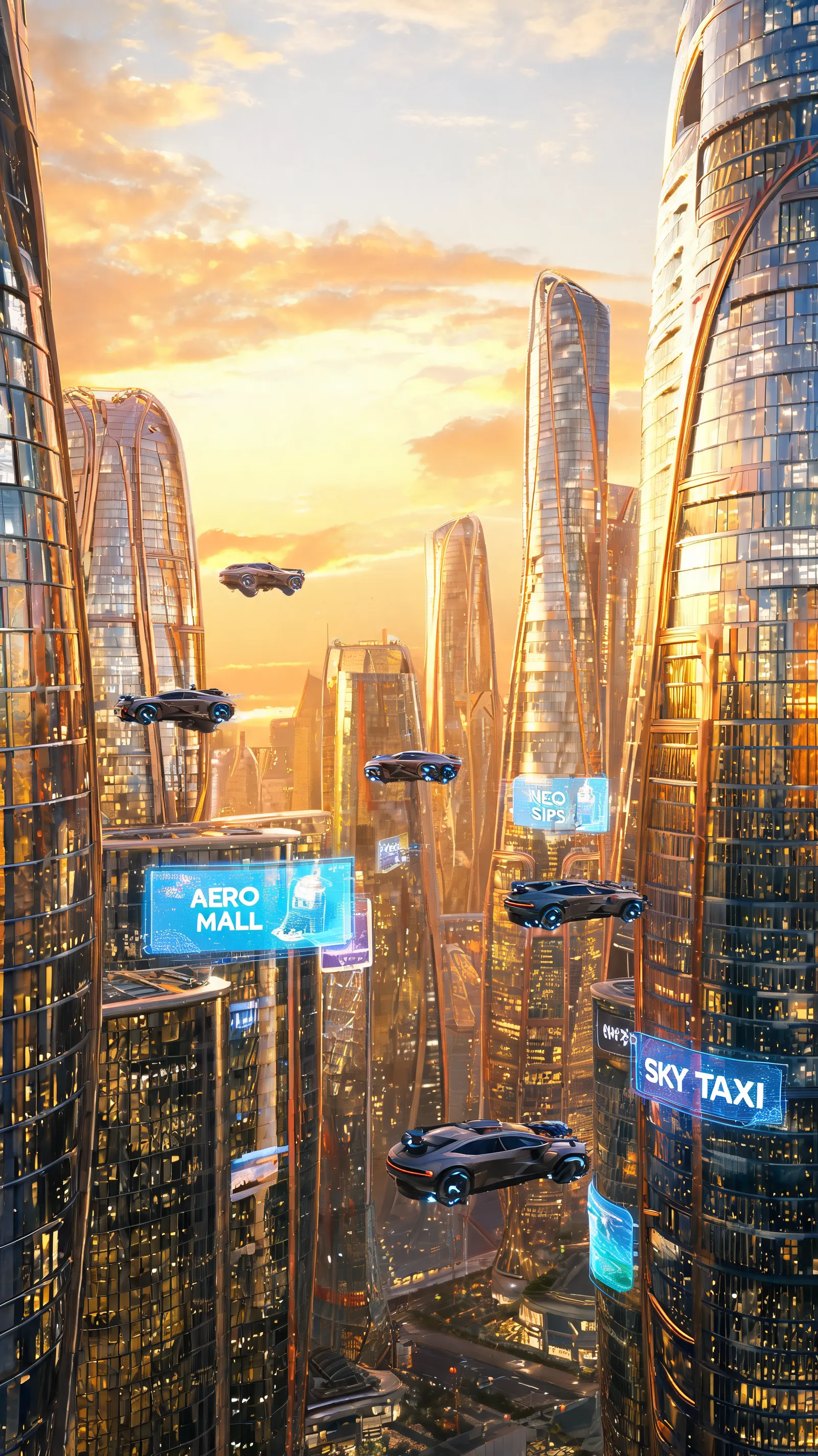 Futuristic skyscrapers gleaming in golden morning light, flying cars weaving between buildings, holographic advertisements projected on surfaces