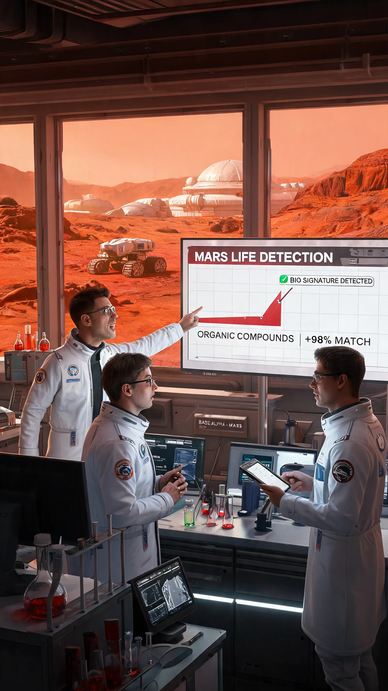 In a future Mars base, scientists strive to find signs of life, tense yet excited.