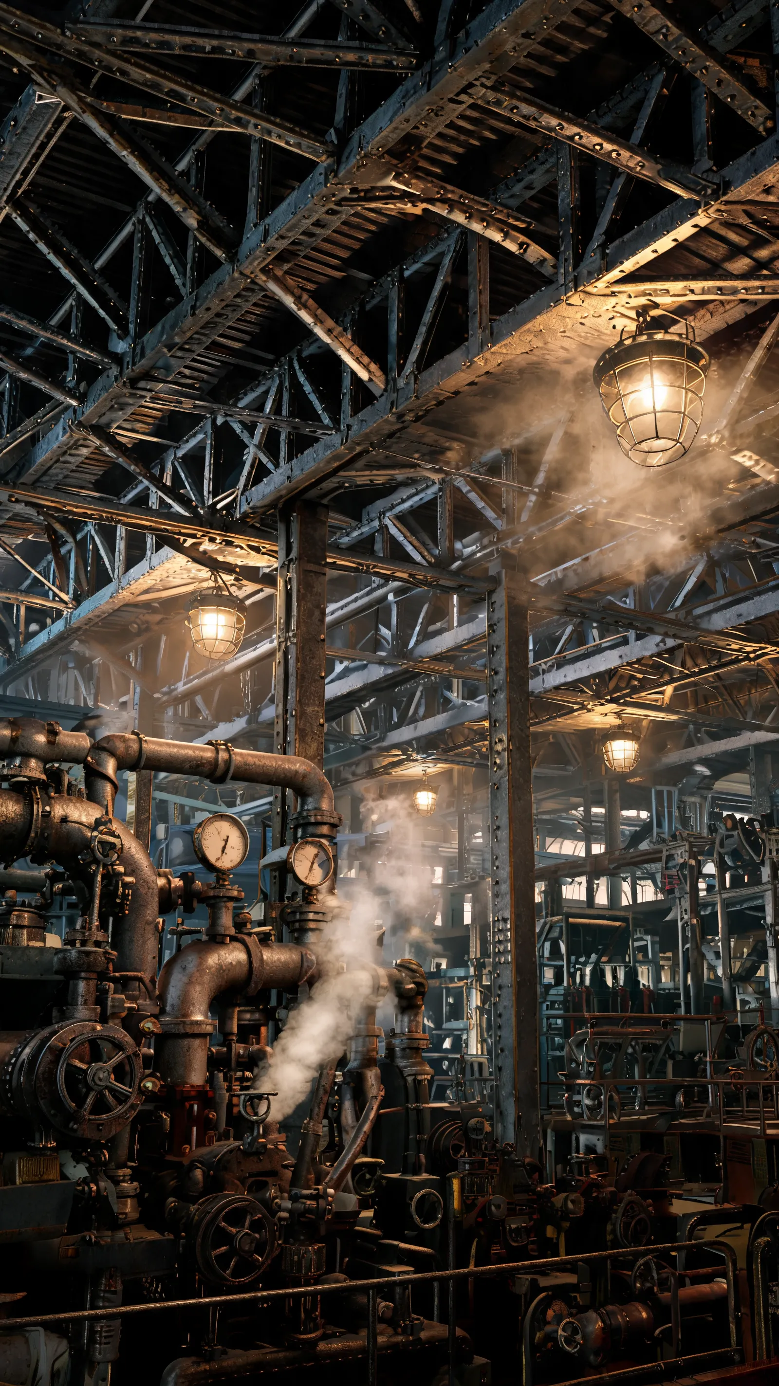 Hyperrealistic industrial scene, steel structures, mechanical details, steam effects, industrial lighting, metallic textures, professional industrial photography