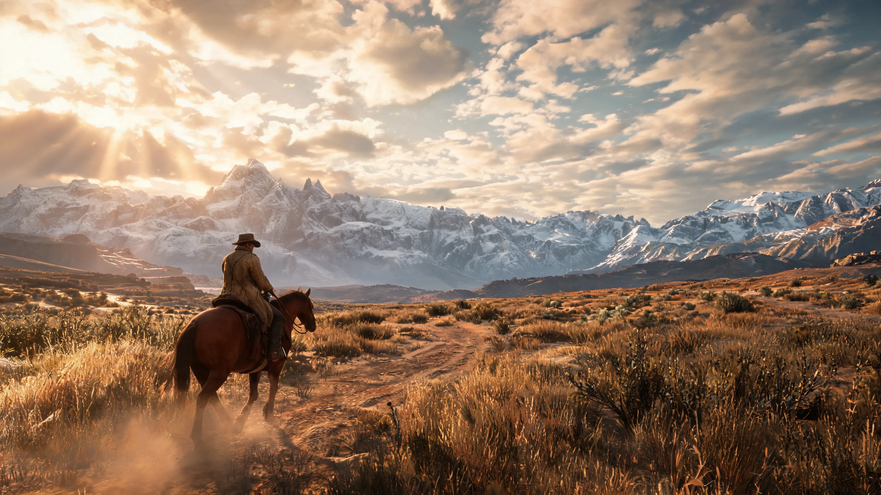 Cinematic wide shot of a lone outlaw in a worn duster coat and weathered cowboy hat riding a chestnut horse across a vast American frontier at golden hour, Red Dead Redemption 2-inspired, snow-capped mountains, dusty trail, volumetric god rays, dramatic clouds, 1899, highly detailed, photorealistic, 35mm film, Unreal Engine 5 render