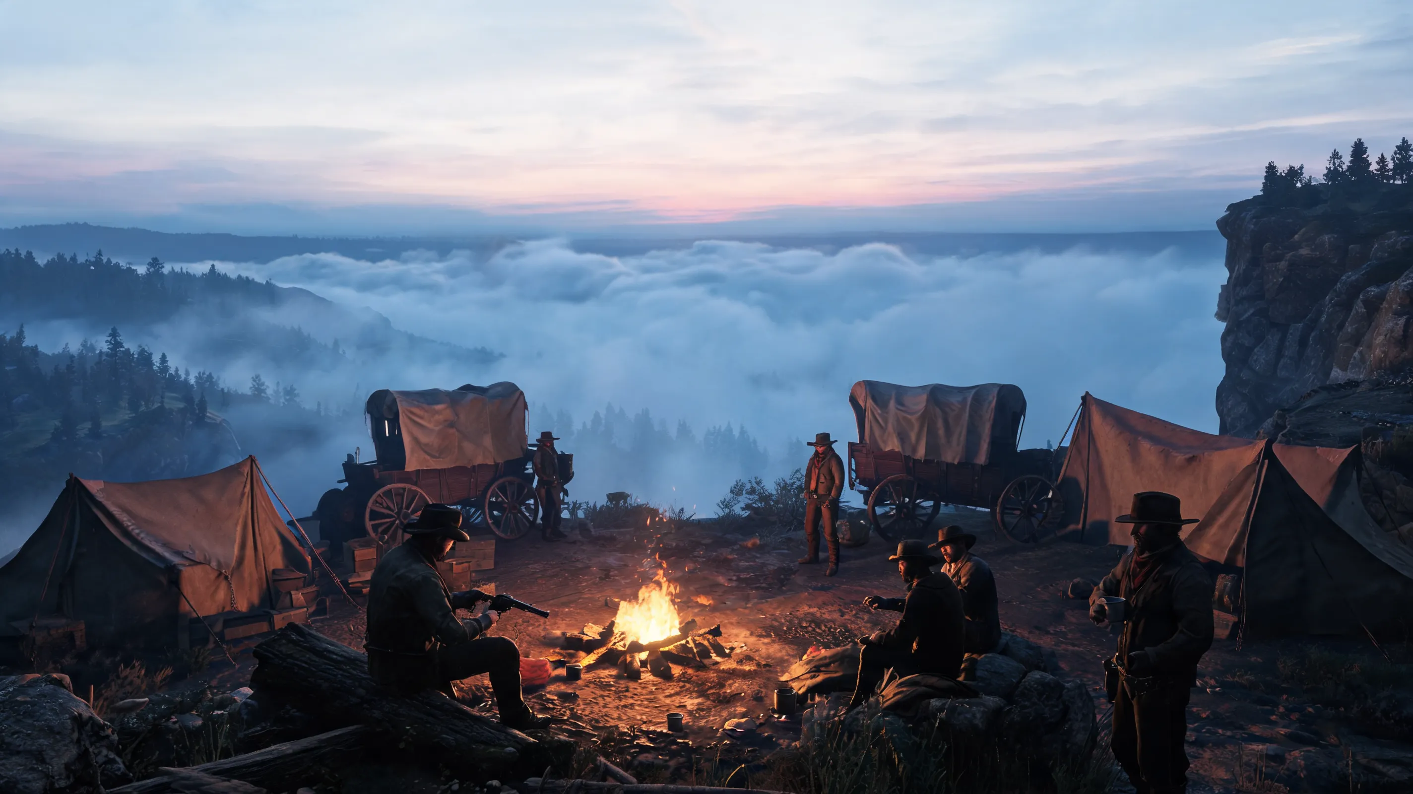 A rugged outlaw camp at Horseshoe Overlook, tents and wagons around a crackling campfire, gang members talking and cleaning revolvers, cliff edge overlooking a misty valley at dawn, warm firelight against cold blue morning, Red Dead Redemption 2 atmosphere, cinematic composition, moody western, ultra-detailed