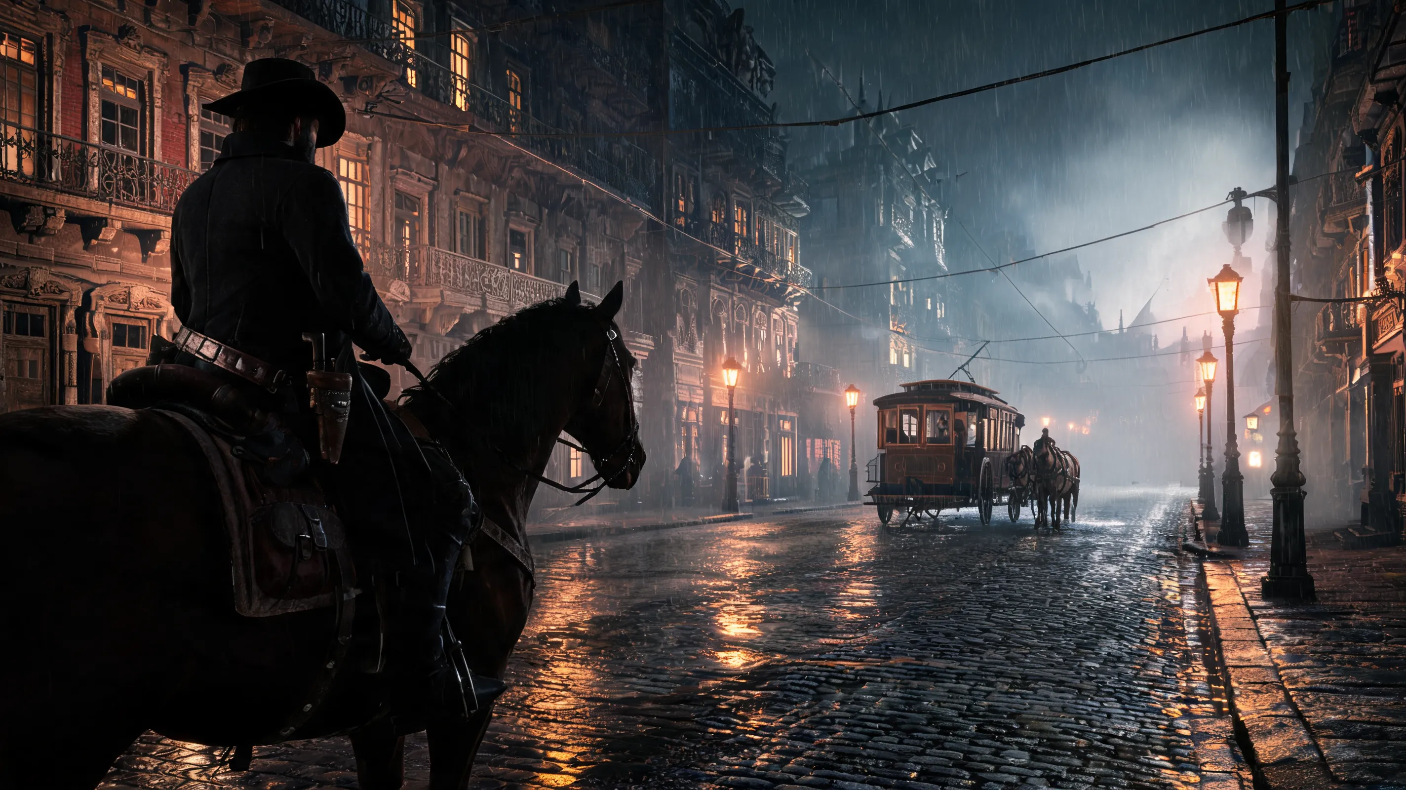 Rainy night in Saint Denis, gas lamps reflecting on wet cobblestone streets, horse-drawn trams, Victorian architecture, a mysterious gunslinger on horseback in the foreground, thick fog, neo-noir western, Red Dead Redemption 2-inspired, cinematic lighting, photorealistic