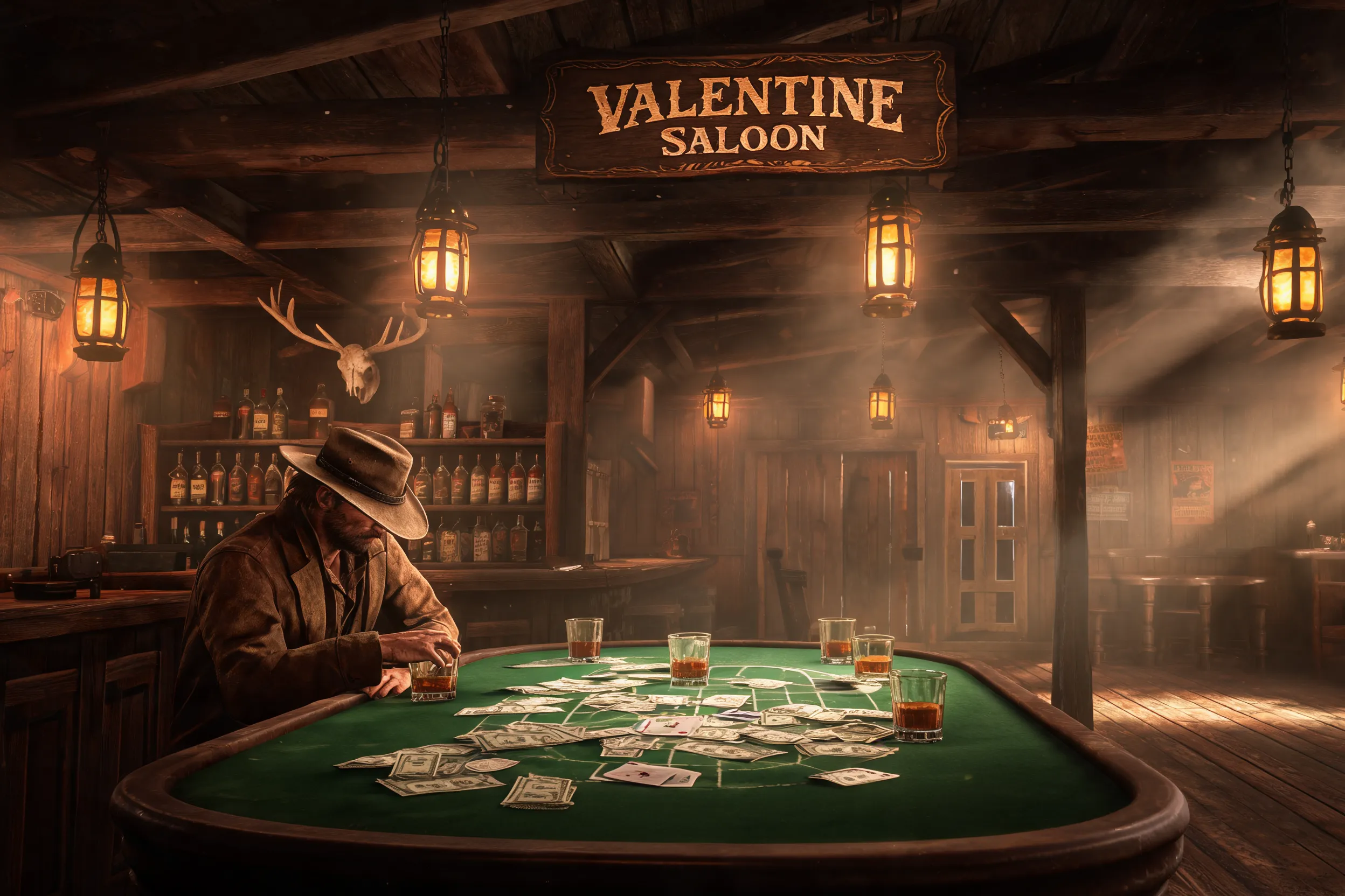 Smoky interior of a Valentine saloon, poker table with whiskey glasses and scattered dollars, a tired gunslinger leaning against the bar, warm amber lantern light, dusty air, wooden walls, tense western atmosphere, Red Dead Redemption 2-inspired, painterly realism, cinematic