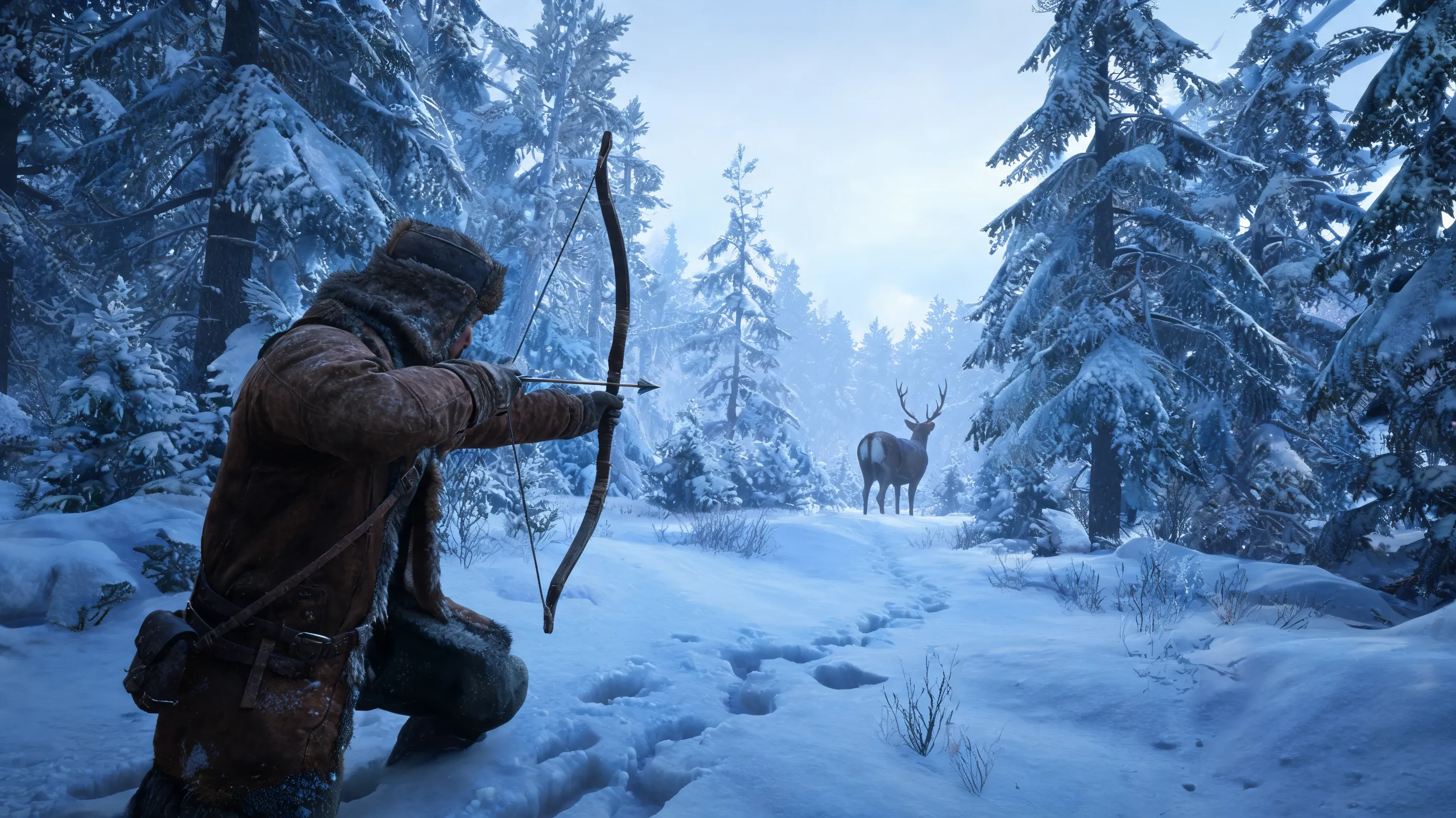 A solitary hunter in a snowy forest, wearing a thick winter coat and fur hat, drawing a bow at a deer in the distance, fresh tracks in deep snow, pine trees, cold blue morning light, quiet tension, Red Dead Redemption 2-inspired, realistic survival western, atmospheric