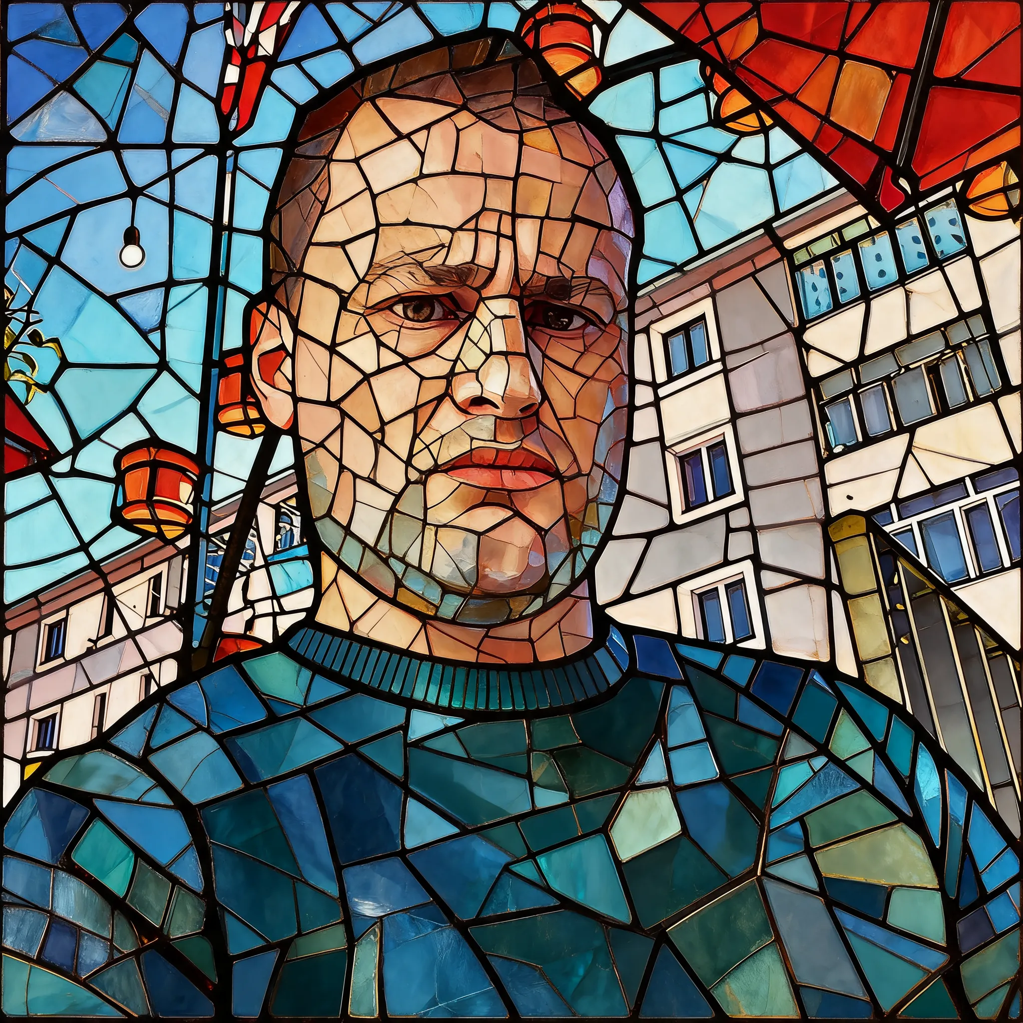 Transform this portrait into a dramatic, cathedral-style stained-glass abstraction. Rebuild the source subject using distinct, luminous color panes, bold dark leading lines, and fractured geometric glass segments. Enhance the sense of fractured beauty and jewel-like transparency. The composition should convey a mysterious and magnificent quality, allowing the original emotional tone and silhouette to be strongly felt through the broken-yet-harmonized composition. Render believable light refraction through the colored glass, making the recognizable human spirit shine through shattered translucent forms.