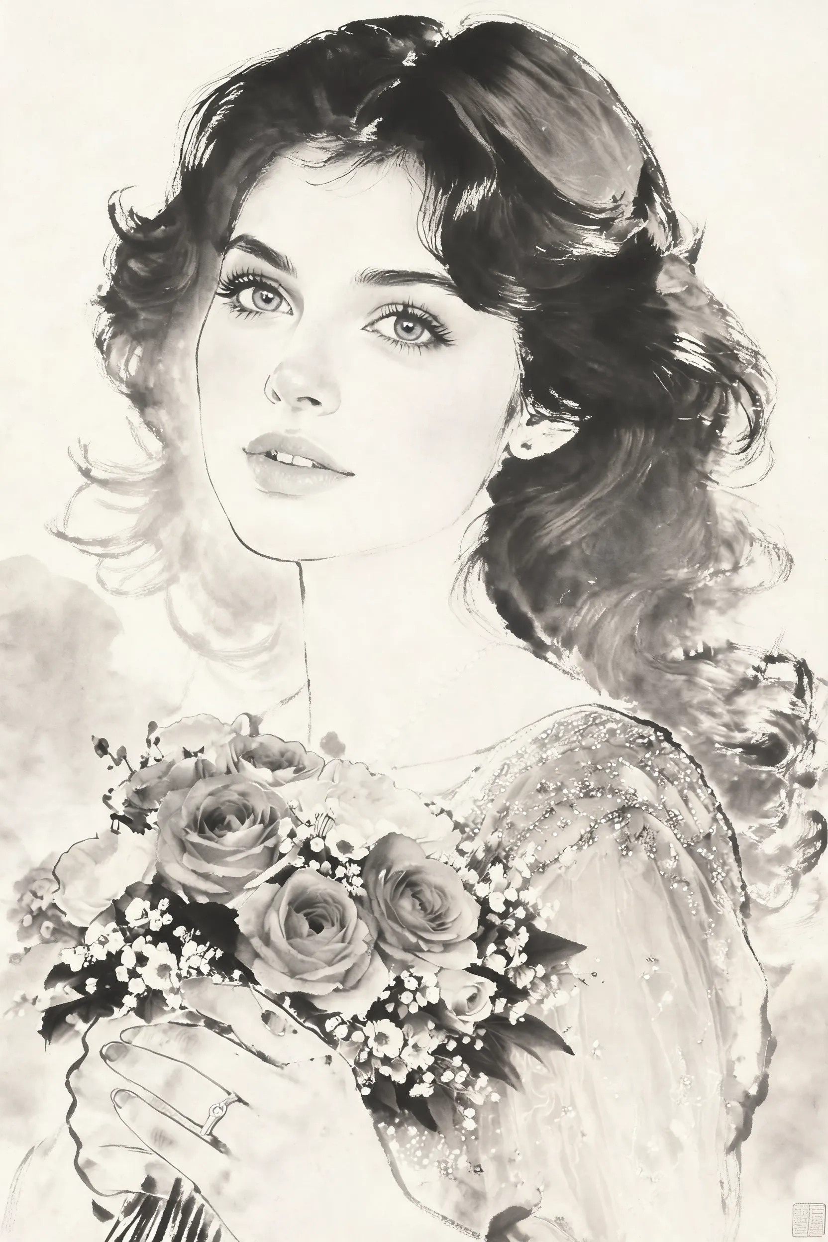 Re reinterpret this portrait as a refined, authentic Chinese sumi-e ink wash painting. Significantly enhance the use of negative space, elegant brush-rhythm energy, and atmospheric stillness. The recognizable essence, posture, and core emotion of the source subject should emerge through dramatic ink gradation layers, expressive brush flow, and soft, mists-like diffusion. Use controlled dry-brush texture to define key silhouette cues. The final image must convey meaningful emptiness and graceful restraint, making the original subject’s inner presence clear within a poetic, calligraphic composition.