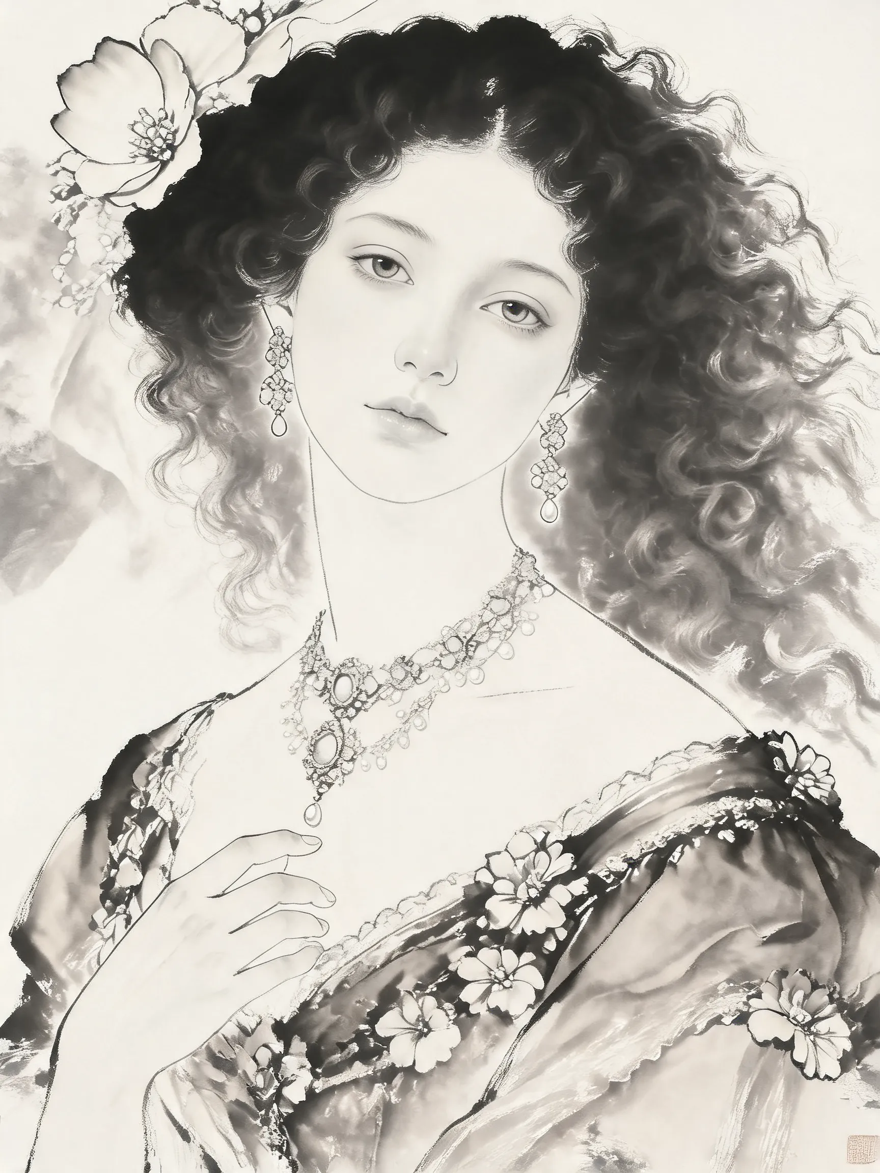Re reinterpret this portrait as a refined, authentic Chinese sumi-e ink wash painting. Significantly enhance the use of negative space, elegant brush-rhythm energy, and atmospheric stillness. The recognizable essence, posture, and core emotion of the source subject should emerge through dramatic ink gradation layers, expressive brush flow, and soft, mists-like diffusion. Use controlled dry-brush texture to define key silhouette cues. The final image must convey meaningful emptiness and graceful restraint, making the original subject’s inner presence clear within a poetic, calligraphic composition.