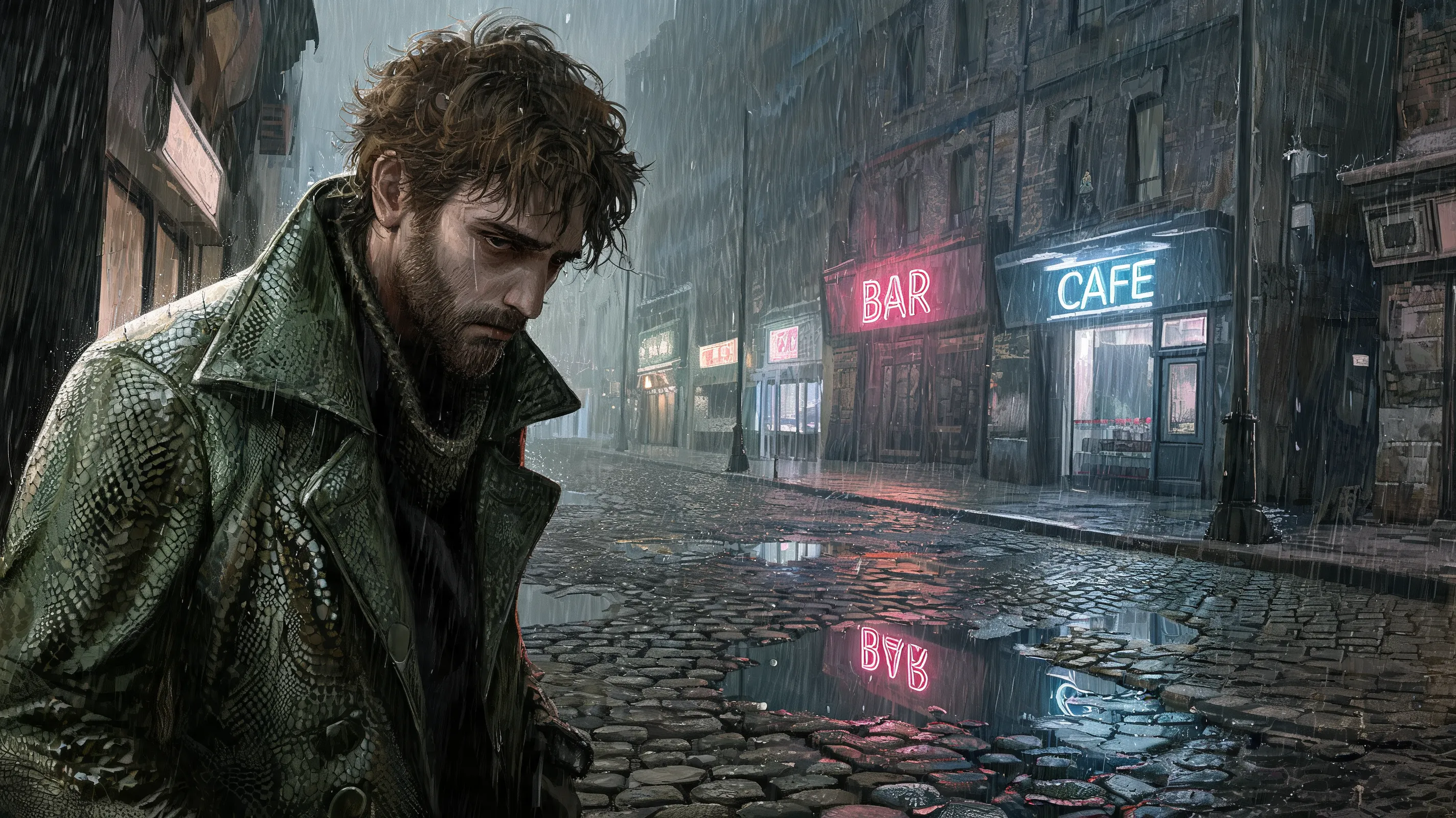 A disheveled detective in a green snakeskin jacket standing on a rainy Revachol street, neon signs reflecting in puddles, oil painting style, muted palette, existential dread atmosphere