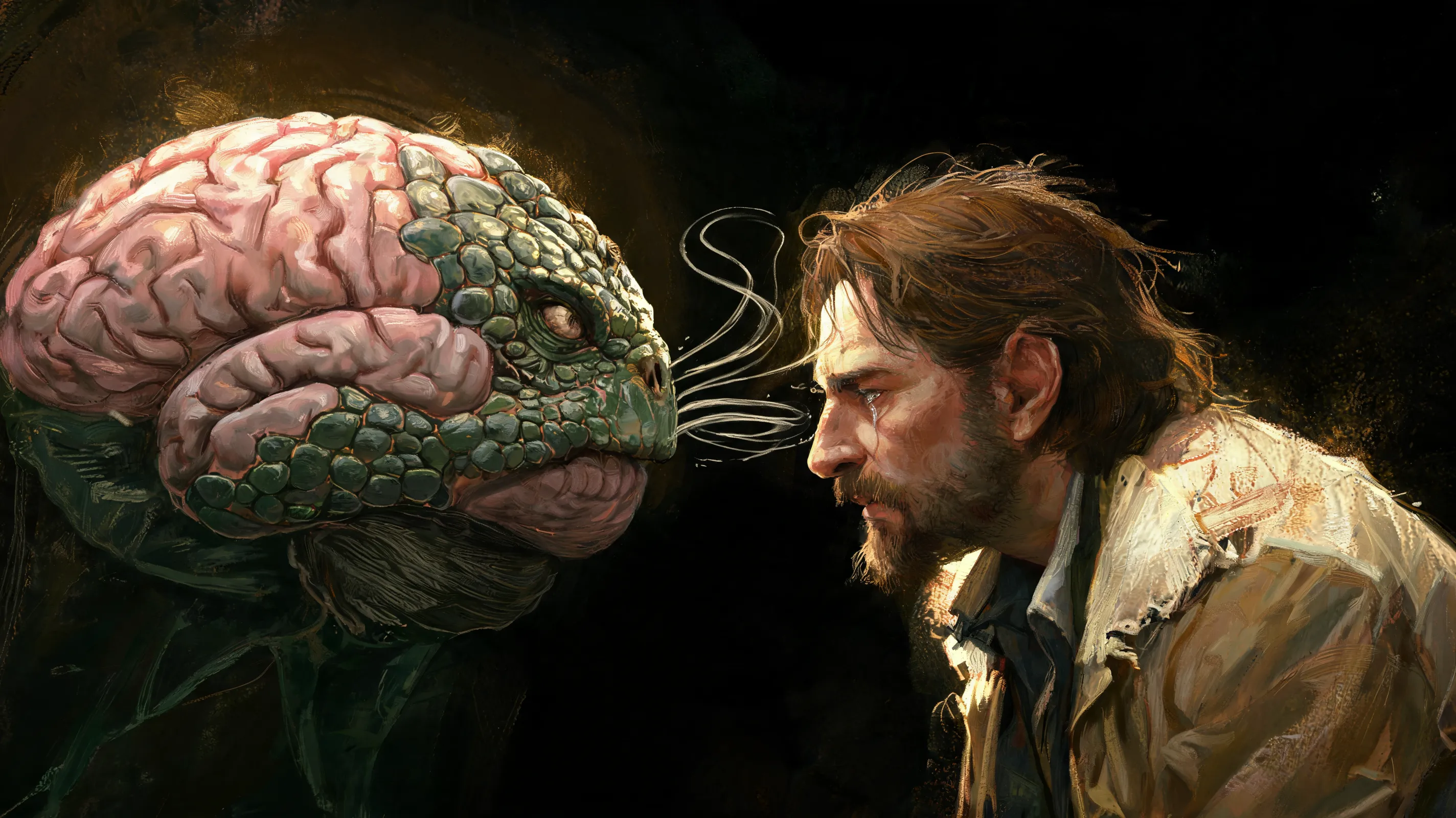 A surreal oil painting of a giant reptilian brain floating in a dark void, whispering to a broken man, baroque lighting, Disco Elysium skill portrait style