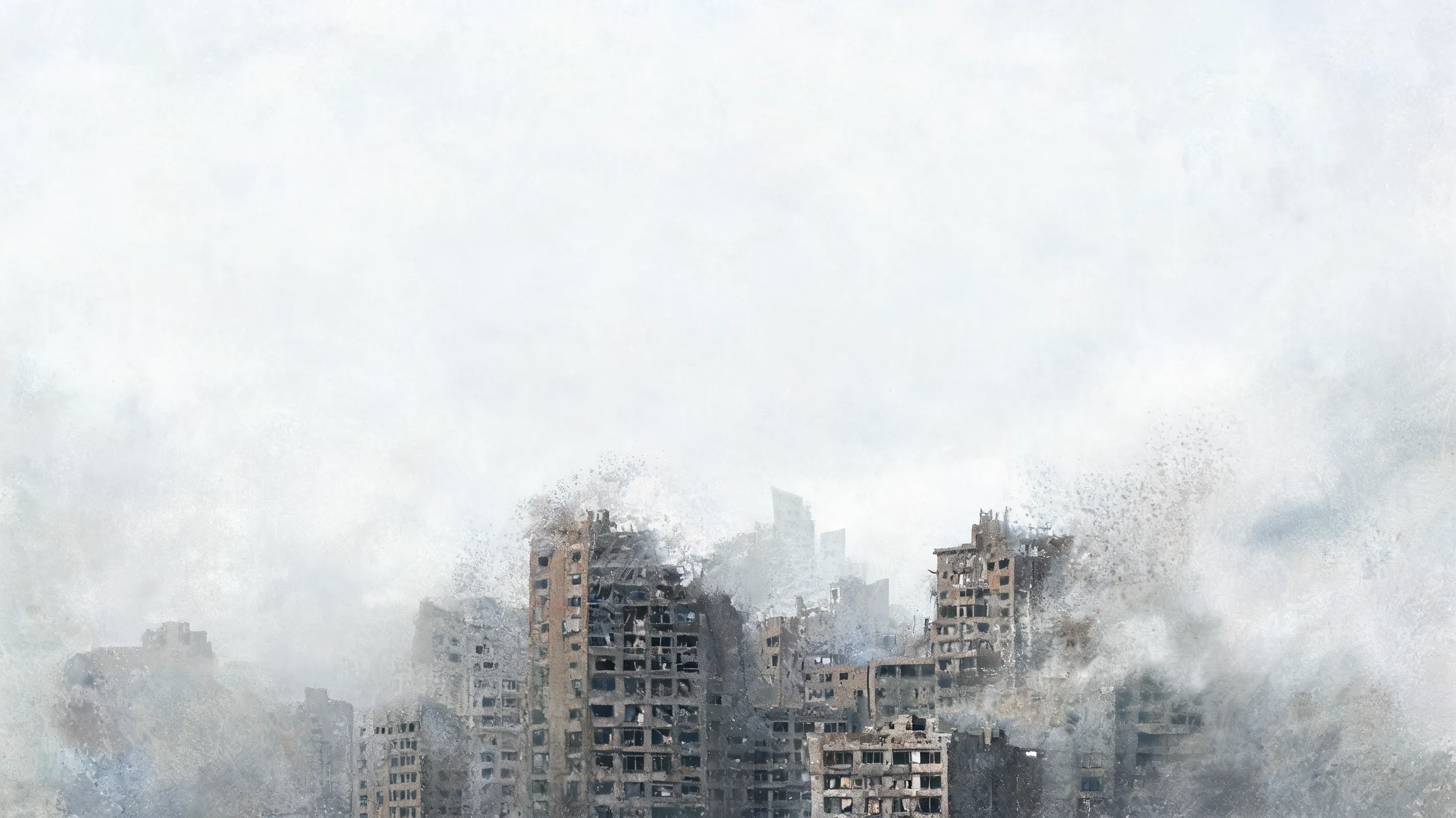 A vast pale grey nothingness consuming a decaying city, faint outlines of buildings dissolving into static, existential horror, muted watercolor and oil texture