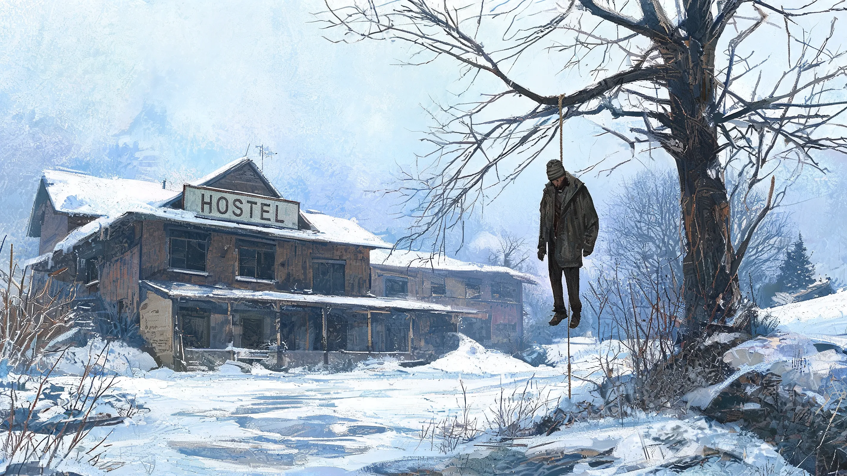 A grim crime scene in a frozen yard behind a hostel, a body hanging from a tree, melancholic winter light, oil painting, Disco Elysium cover art aesthetic