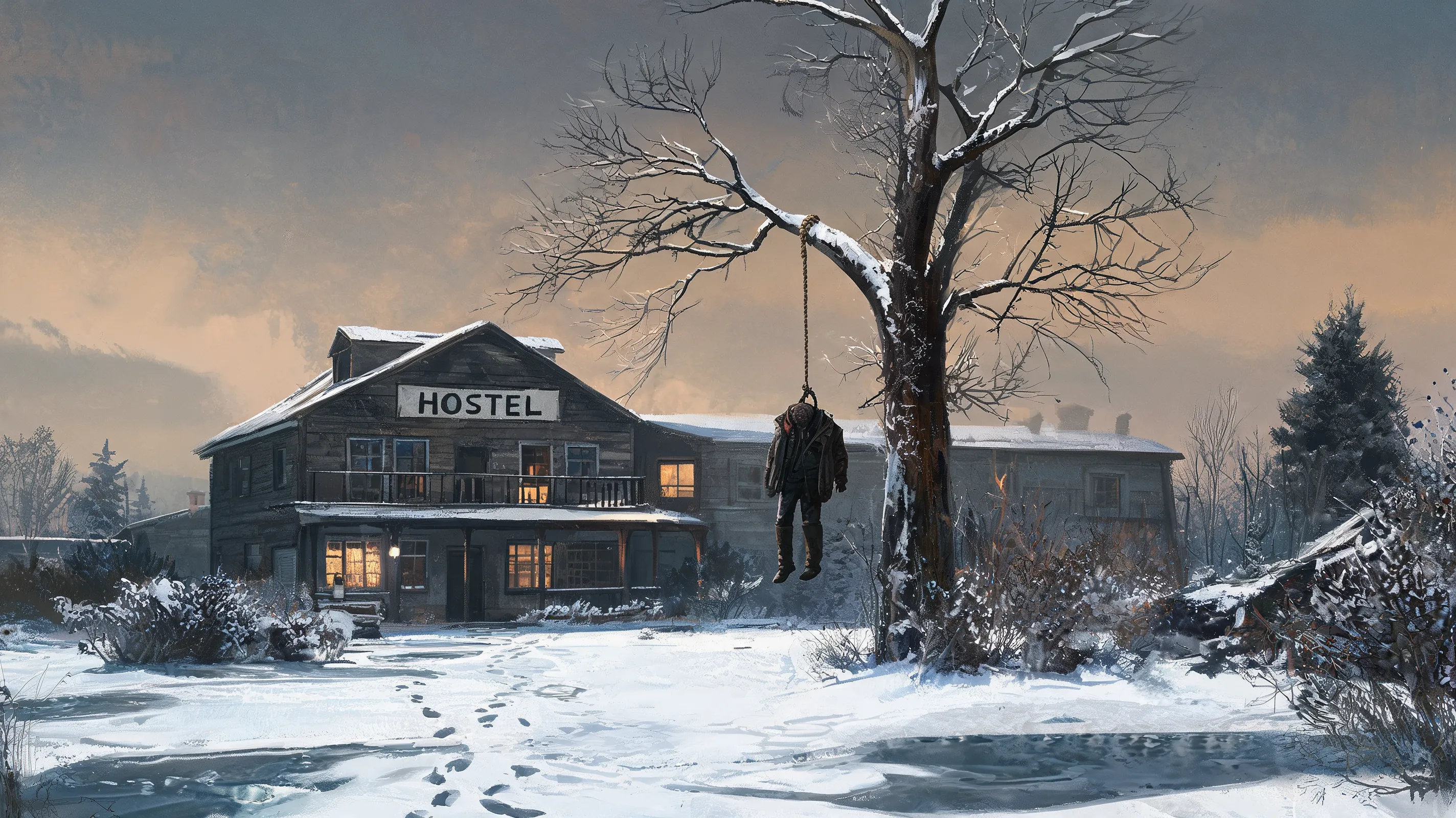 A grim crime scene in a frozen yard behind a hostel, a body hanging from a tree, melancholic winter light, oil painting, Disco Elysium cover art aesthetic