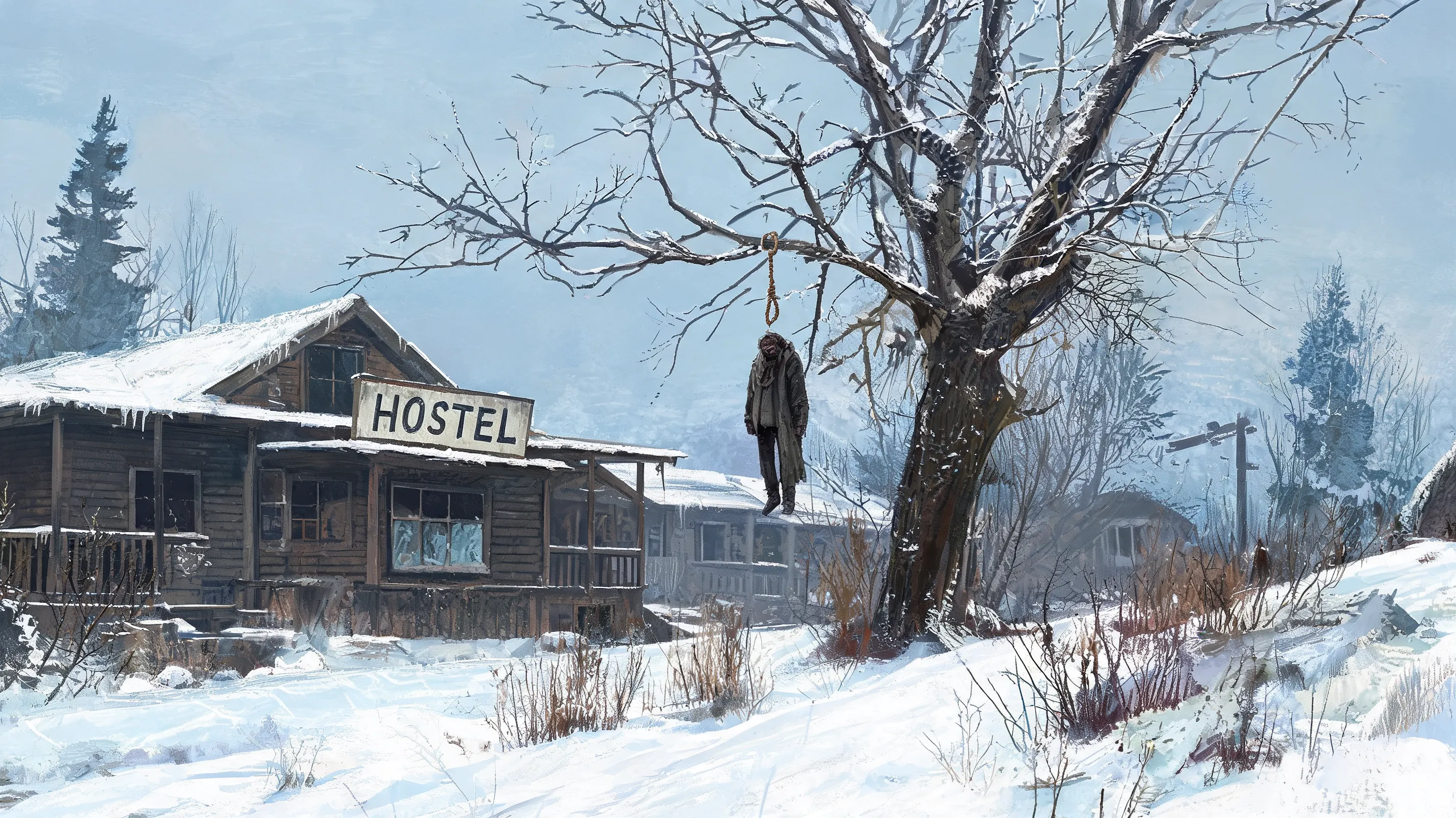 A grim crime scene in a frozen yard behind a hostel, a body hanging from a tree, melancholic winter light, oil painting, Disco Elysium cover art aesthetic