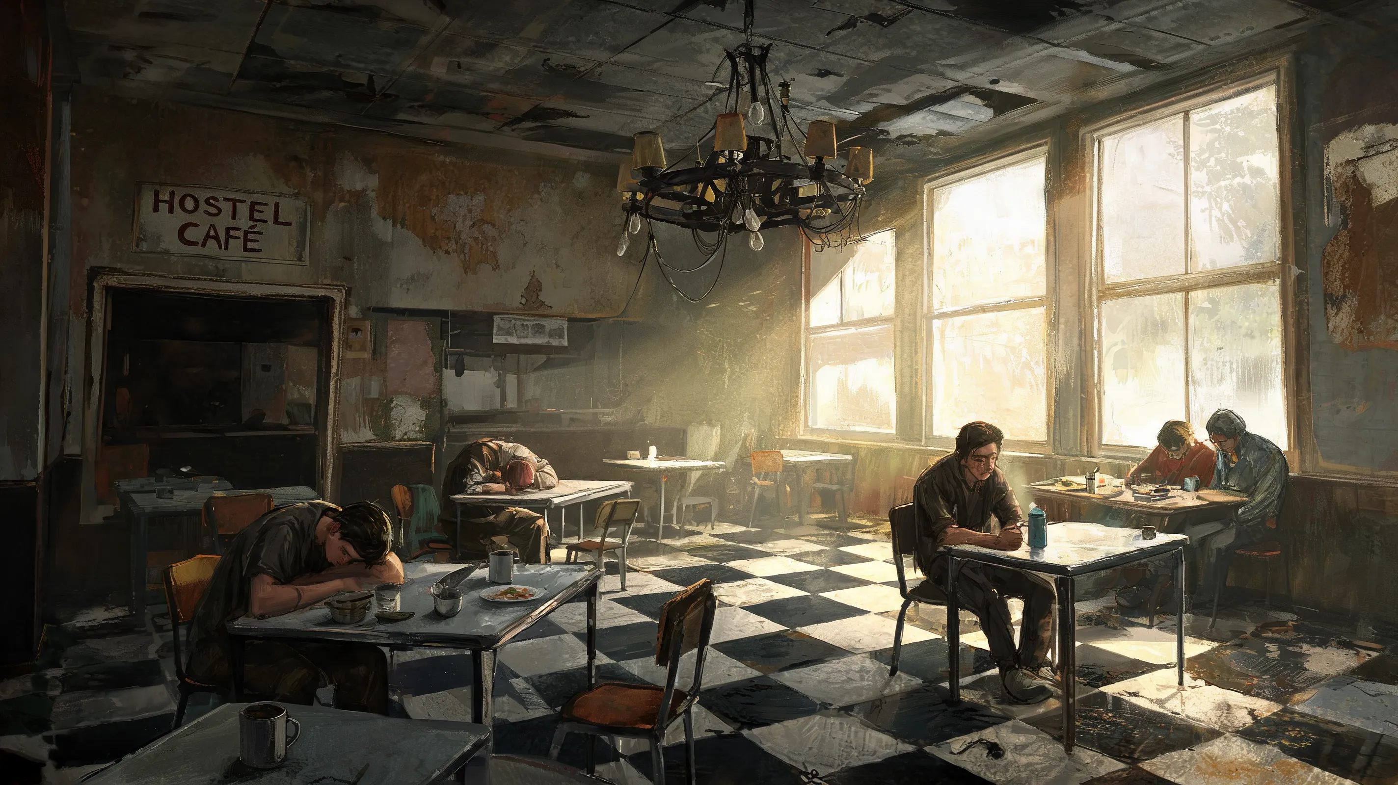 A run-down hostel cafeteria with checkered floor, broken chandelier, tired patrons, morning light through dirty windows, painterly Disco Elysium environment art