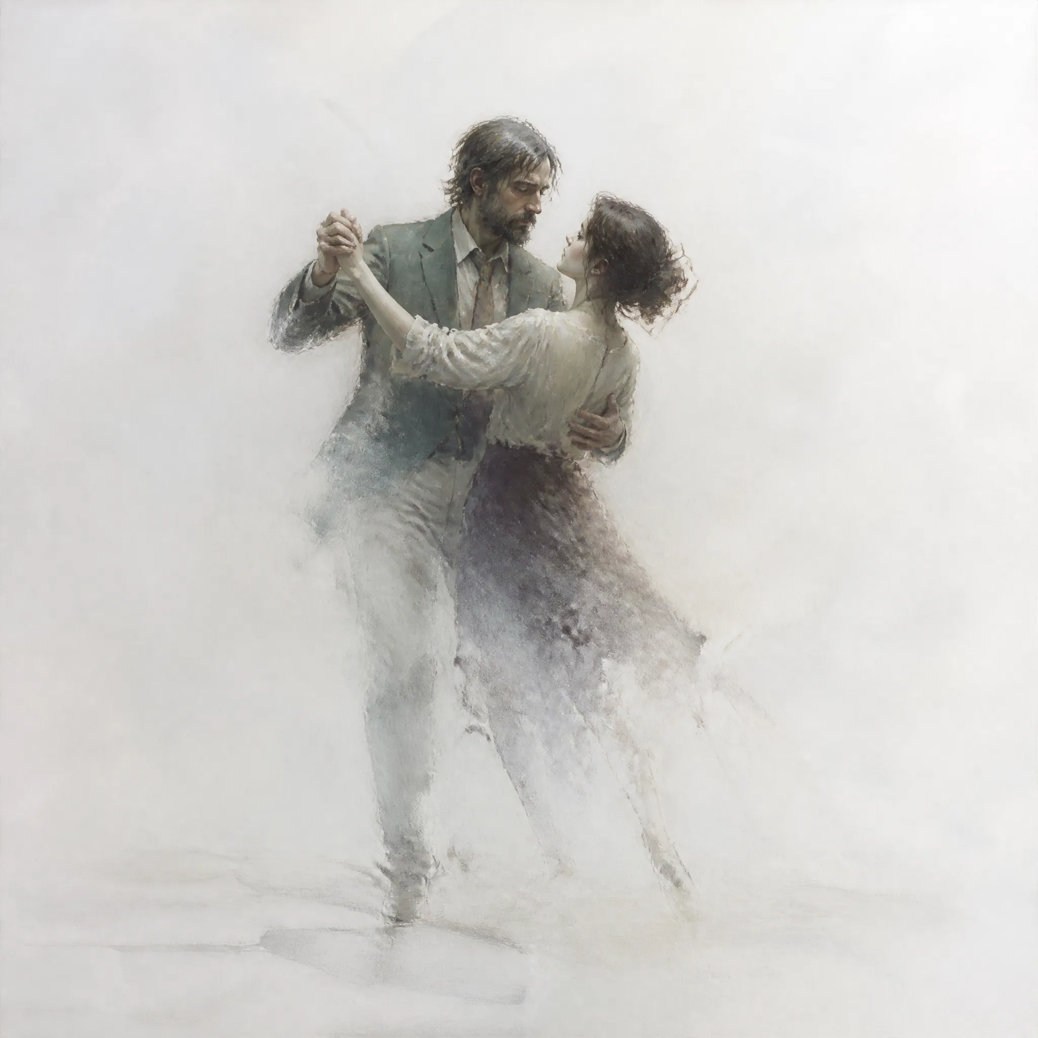 A man and a woman dancing in an endless white void, fading into the Pale, bittersweet, soft oil painting, Disco Elysium ending aesthetic