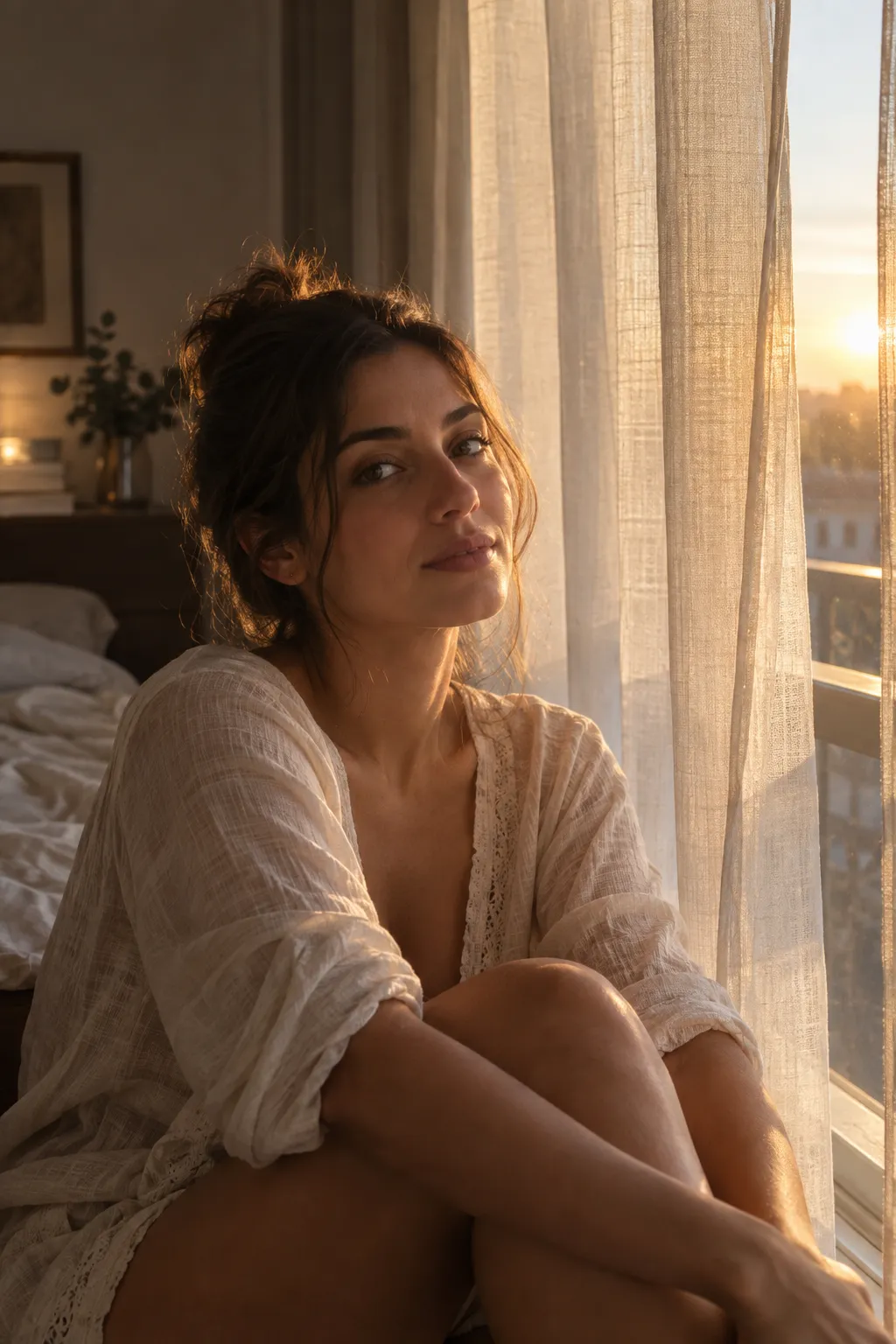 A quiet cinematic portrait of a young Spanish woman sitting beside a large bedroom window during golden hour. Semi-transparent linen curtains partially cover the window, allowing warm sunlight to pass through and create soft luminous layers across her face and shoulders. Fine curtain fibers become visible where they overlap with the light. The room behind her remains dim and cool, with subtle bounce light from the walls. Her hair contains delicate golden rim highlights. Natural posture, relaxed expression, realistic skin texture, soft film grain, 50mm portrait photography.