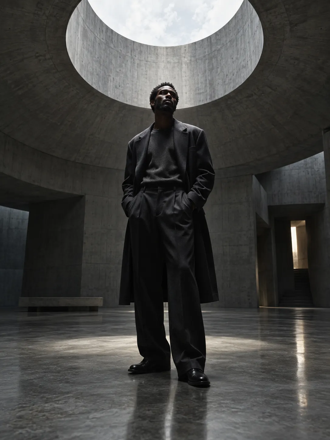 A dramatic editorial portrait of a tall Black male model standing beneath a single large circular skylight inside a brutalist concrete building. Almost all illumination comes from directly overhead, creating pronounced shadows beneath his eyebrows, nose, cheekbones, chin, and clothing folds. A faint cool ambient fill comes from the surrounding architecture. The concrete floor subtly reflects the skylight. Minimal composition, powerful geometry, realistic skin texture, natural expression, high-fashion photography, carefully controlled exposure, medium-format camera.