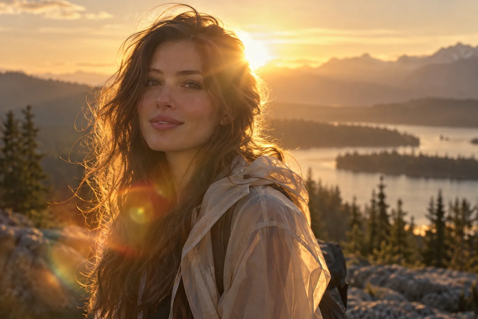 A cinematic portrait of a young Canadian woman standing outdoors directly in front of a low setting sun. The sun is partially obscured behind her head, creating a brilliant natural halo around individual strands of hair. Strong but realistic lens flare appears across part of the frame while her face remains readable through subtle environmental fill light. Her translucent beige coat catches warm rim light along its edges. The background contains distant trees fading into atmospheric haze. Physically plausible exposure, realistic lens behavior, natural skin texture, cinematic portrait photography.
