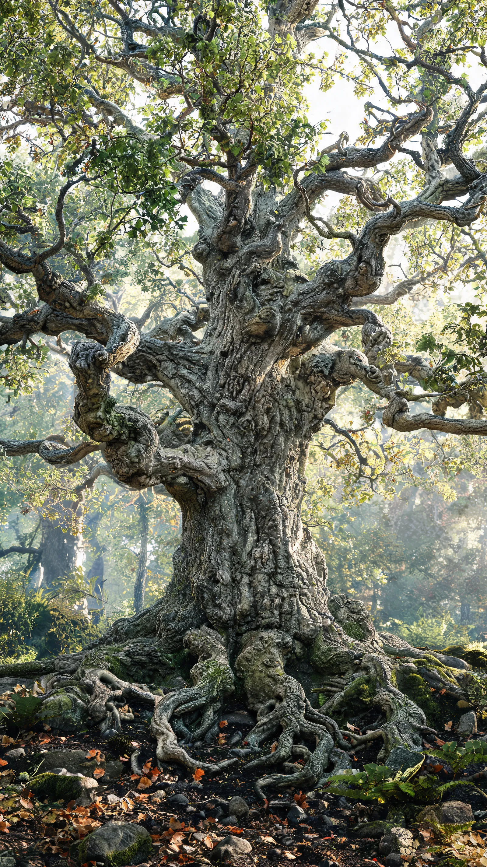 An ancient oak tree with gnarled branches and roots