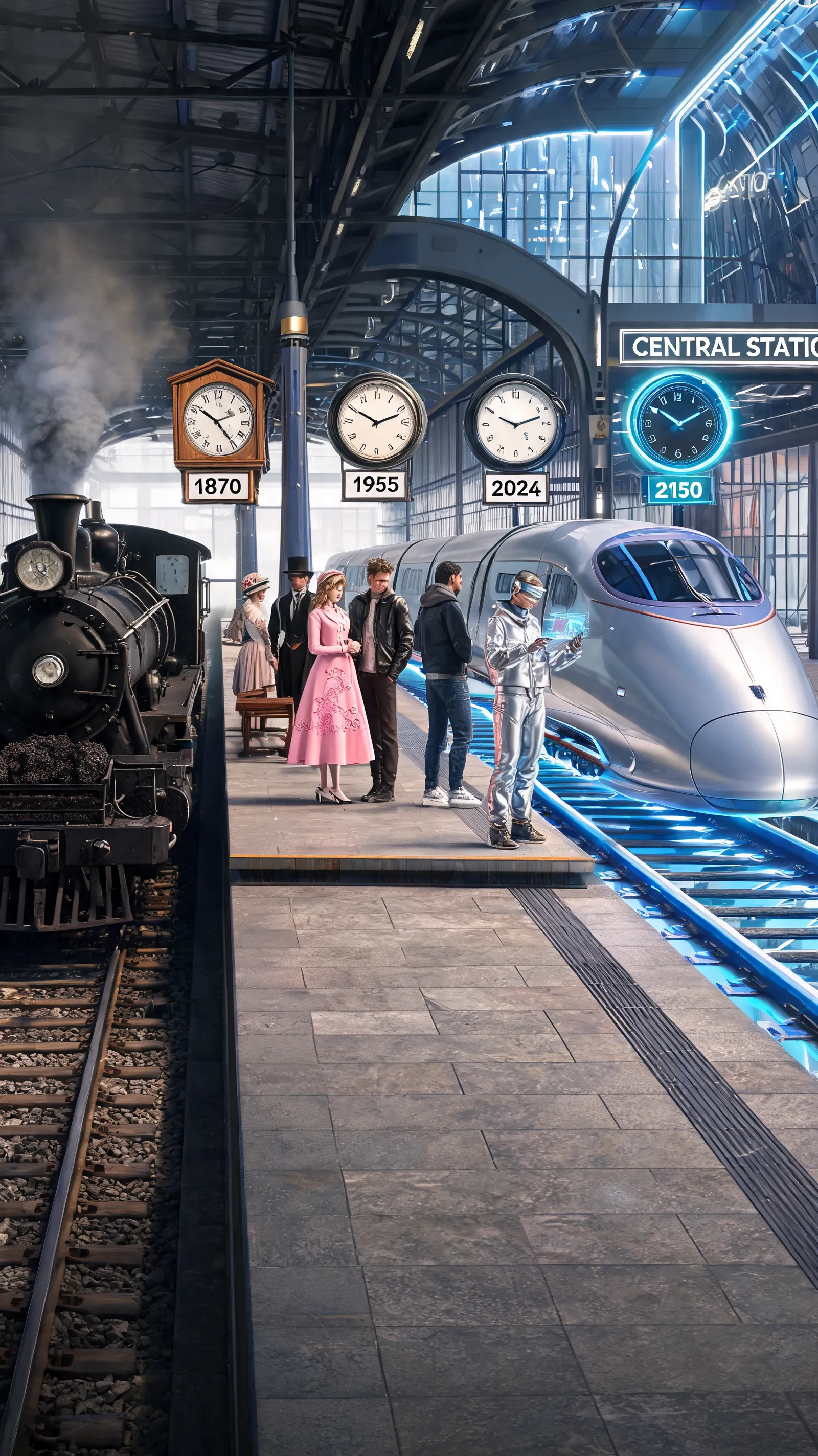 A train station spanning different eras, with steam locomotives and futuristic maglev trains side by side, people on the platform dressed in costumes from various time periods, and clocks showing different years