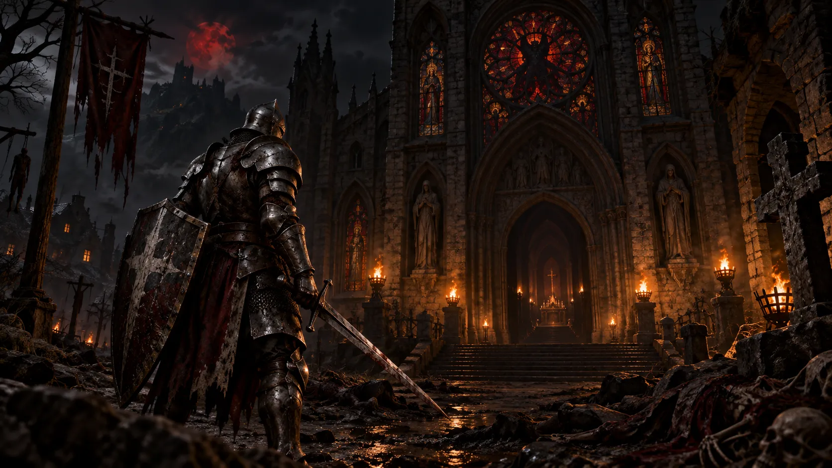 Diablo 1 Warrior, heavily armored sword and shield knight, dark gothic fantasy, Tristram cathedral background, torchlight, grim atmosphere, retro dark RPG style, highly detailed, cinematic lighting