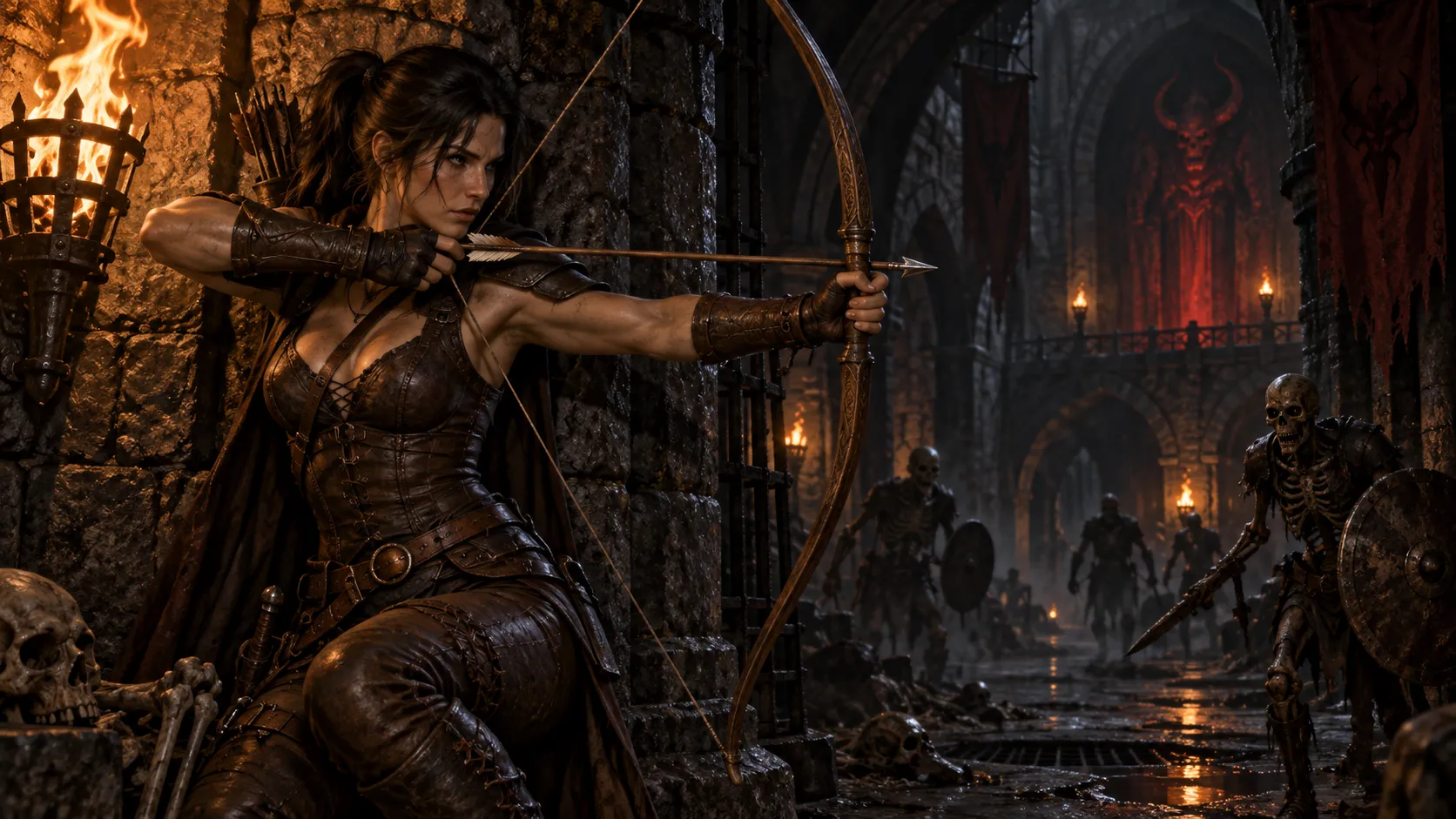 Diablo 1 Rogue, agile female archer in leather armor, bow drawn, dark dungeon corridors, gothic fantasy, moody shadows, torchlight, classic dark RPG art, highly detailed