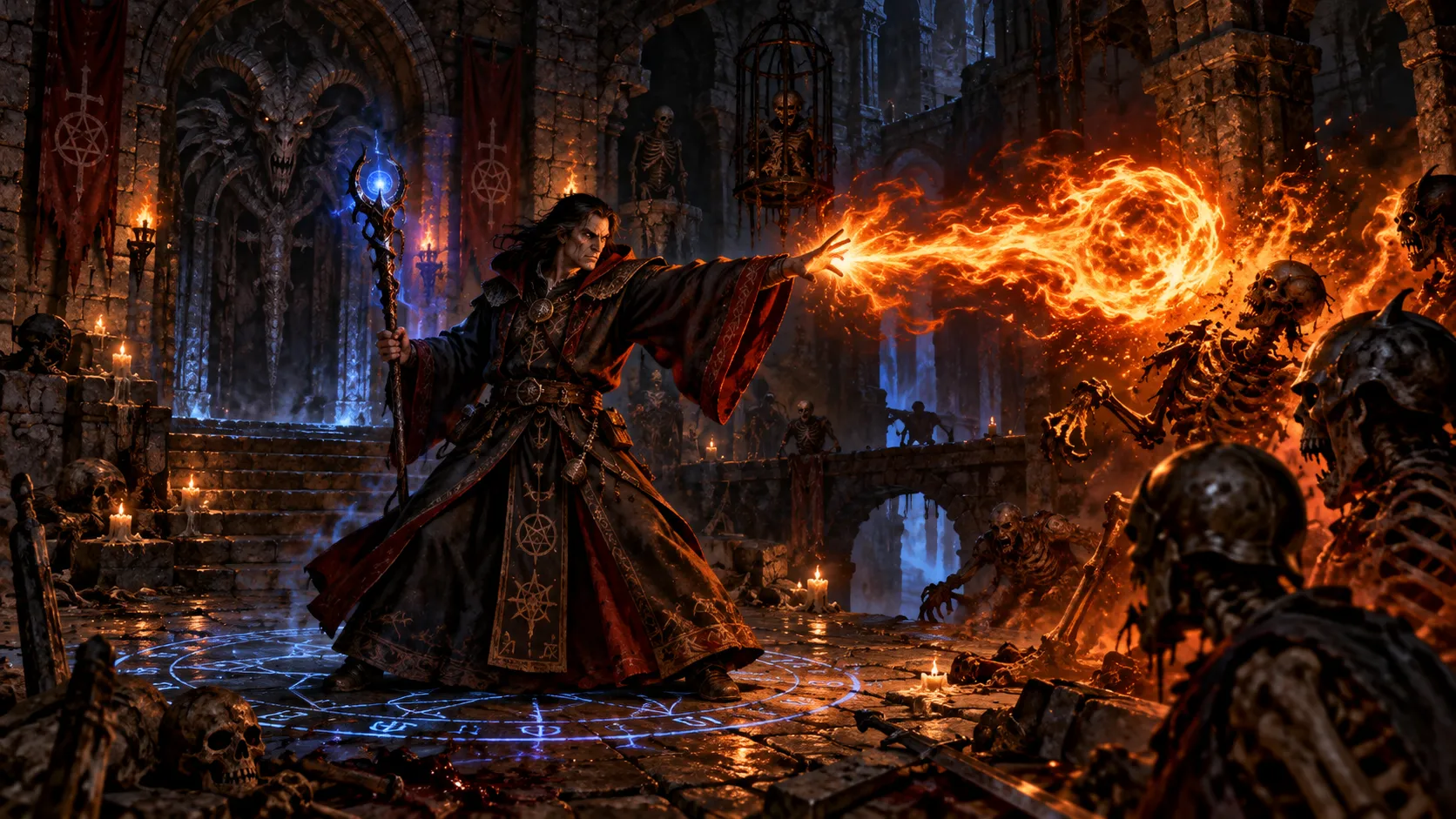 Diablo 1 Sorcerer, robed mage casting fire spell, glowing staff, arcane runes, dark gothic fantasy, stone dungeon, mystical blue and orange light, retro dark RPG style, highly detailed