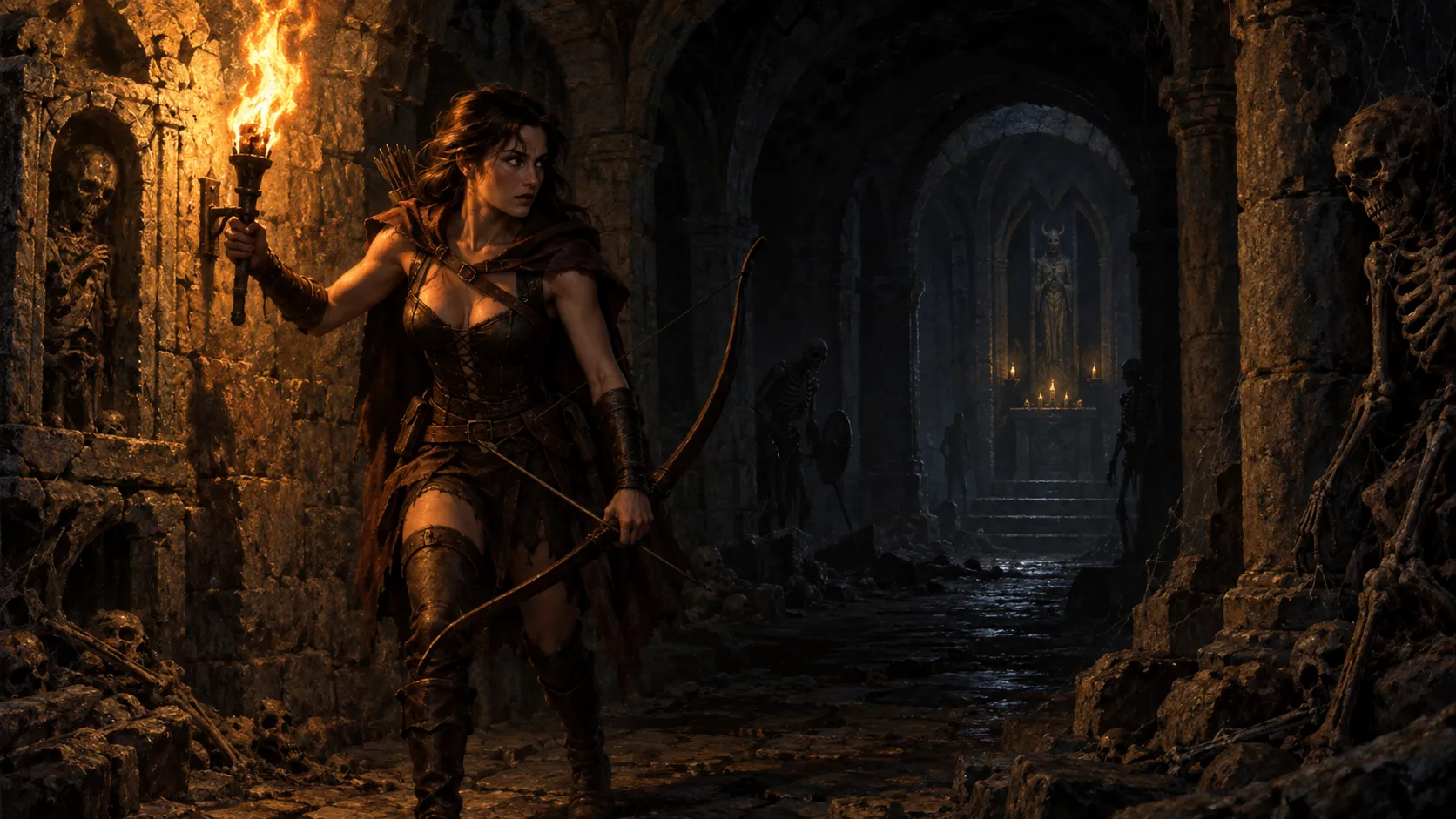 Diablo 1 Rogue exploring dark catacombs, holding a bow, flickering torch, ancient stone walls, skeletons in shadows, gothic dark fantasy, tense atmosphere, classic RPG art style