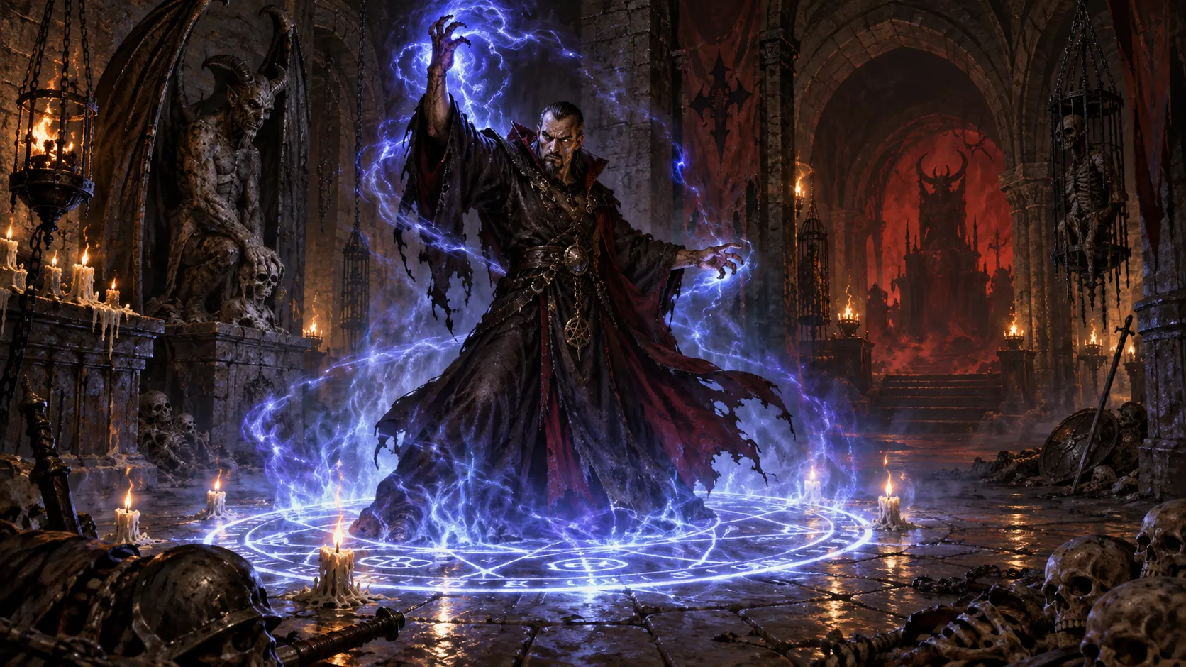 Diablo 1 Sorcerer summoning a powerful spell, glowing magic circle, dark robes, arcane energy, dungeon chamber, gothic dark fantasy, dramatic lighting, retro RPG concept art, highly detailed