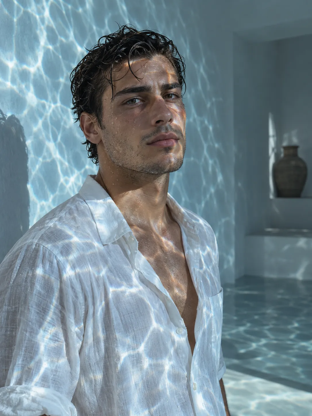 A fine-art portrait of a young Greek man standing inside a minimalist white room partially illuminated by sunlight reflected from a swimming pool outside the frame. Complex blue underwater caustic patterns move naturally across his face, neck, white shirt, and surrounding walls. The patterns become distorted around the contours of his body and fade naturally across shadowed areas. Tiny droplets of water remain on his hair and skin. Calm expression, realistic pores, subtle imperfections, high dynamic range, contemporary fine-art photography.
