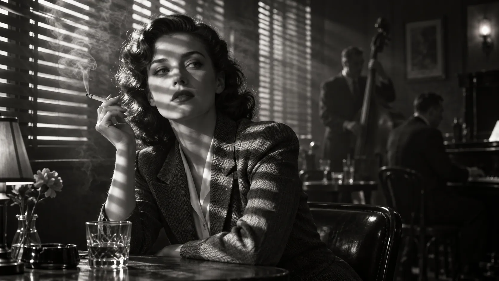A sophisticated black-and-white portrait of a young British woman sitting inside a dark jazz club during the afternoon. Strong sunlight enters through partially closed horizontal blinds, creating repeated bands of intense light and deep shadow across her face and upper body. Smoke particles catch individual beams of light in the air. Her vintage suit has subtle fabric texture and natural wrinkles. High-contrast monochrome photography, realistic skin detail, 85mm lens, deep blacks, controlled highlights, classic film aesthetic.