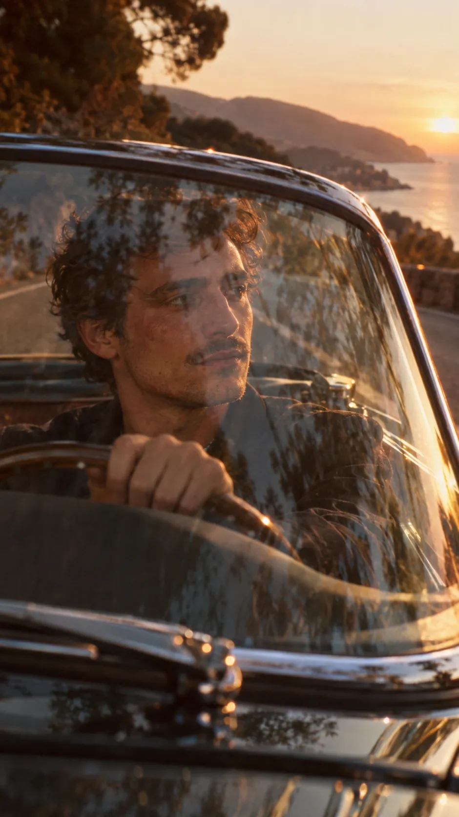 A candid cinematic photograph of a young French man sitting inside a vintage convertible during sunset. The camera photographs him through the windshield, which contains subtle reflections of passing trees, sky, and road markings. Warm sunlight enters from the side while the dashboard casts a soft shadow across his lower face. His hands rest naturally on the steering wheel. Reflections must follow the actual windshield geometry and partially overlap his face without completely obscuring it. Analog film photography, realistic automotive reflections, shallow depth of field.