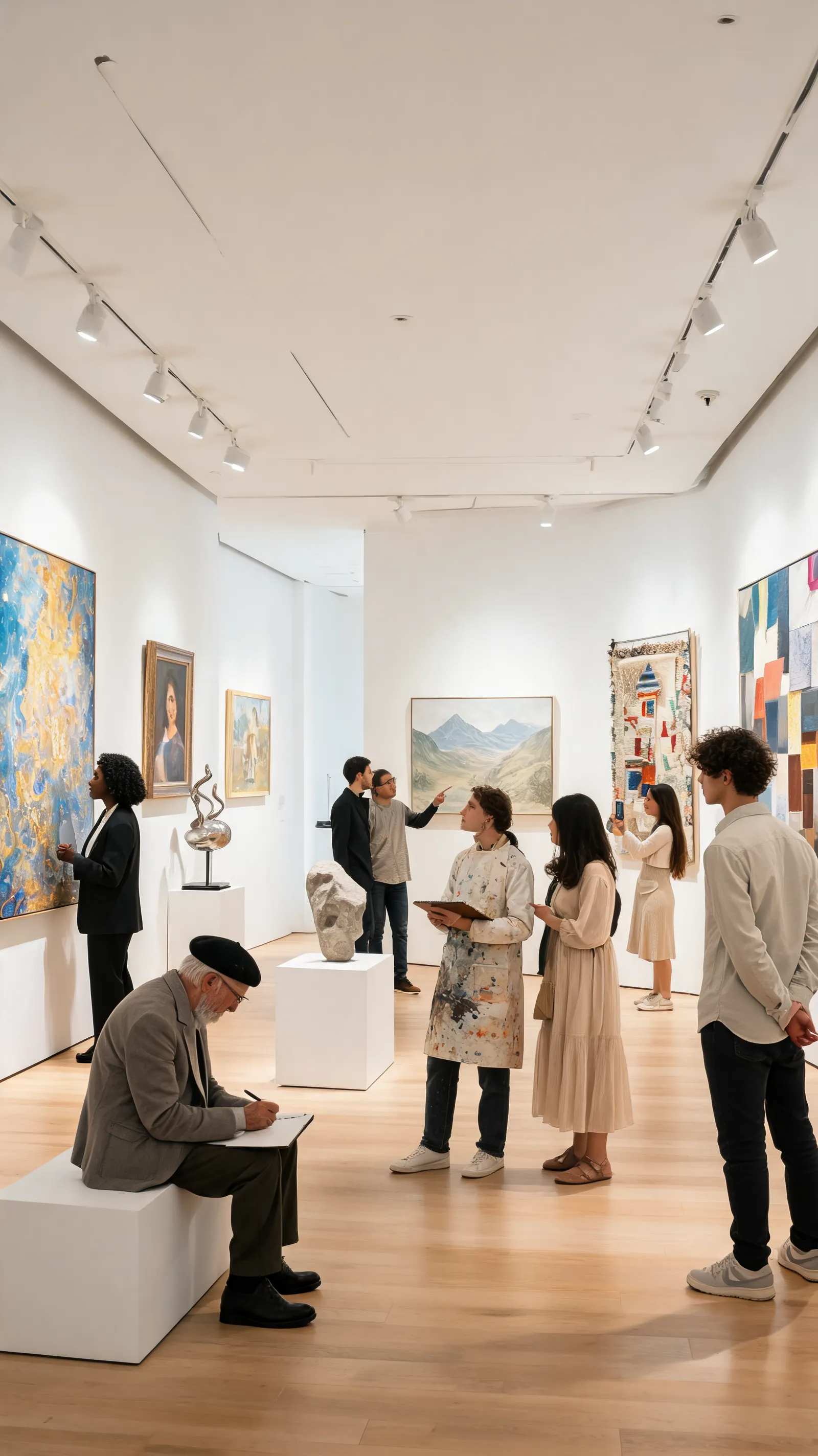 Diverse artworks, elegant gallery space, visitors, artists