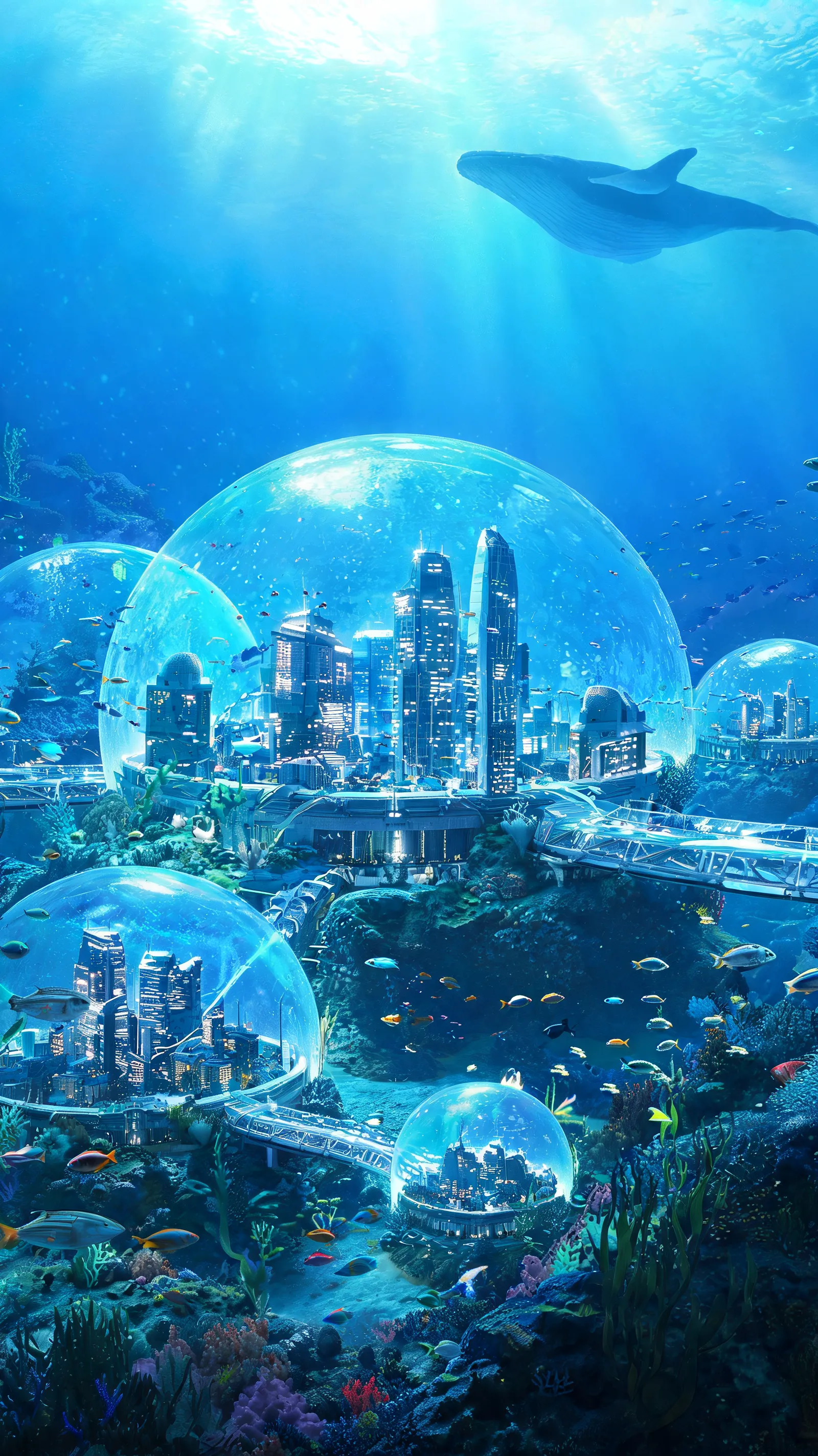 A futuristic city located on the ocean floor, protected by transparent domes, with various fish and marine life swimming around the structures, and the silhouette of a massive whale visible in the distance.