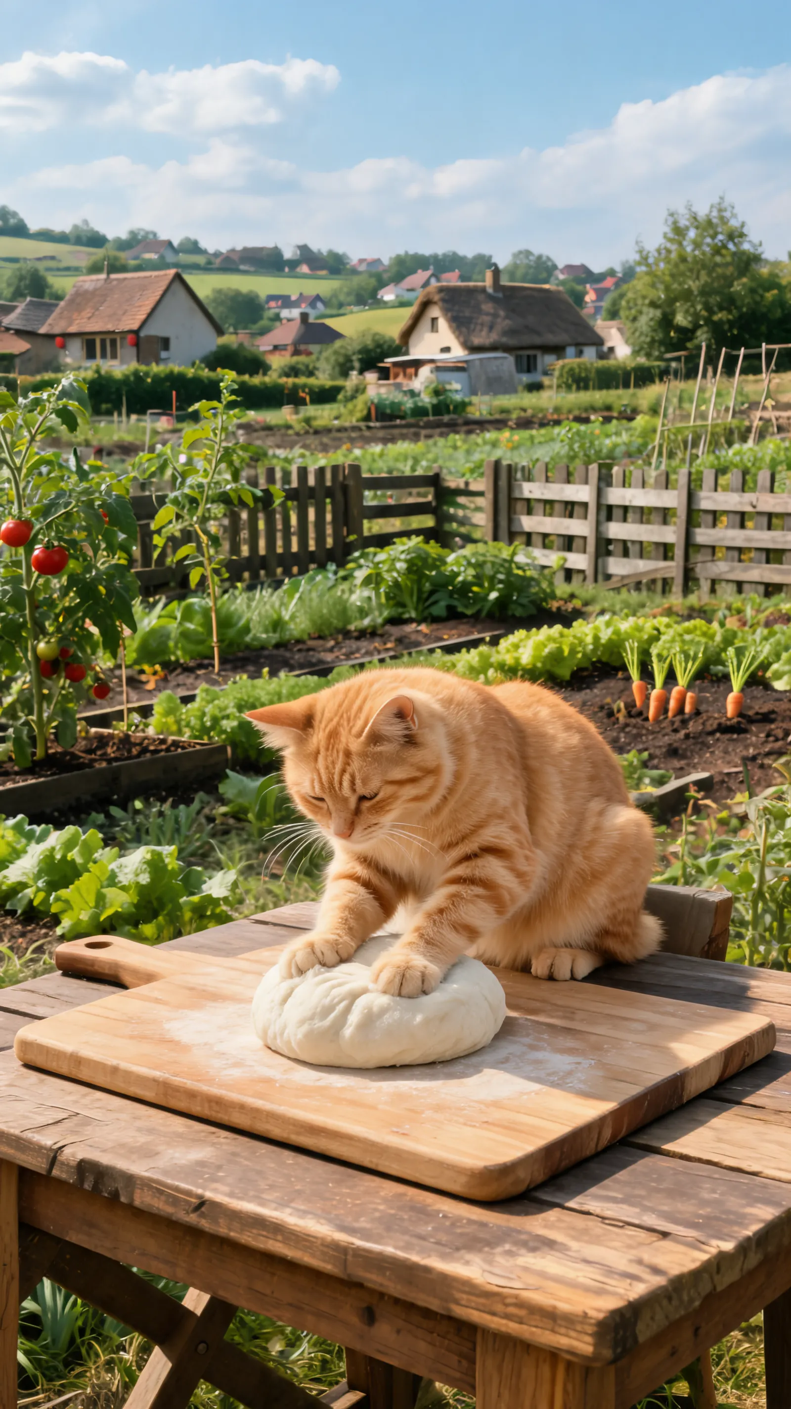 An orange cat kneading dough on a cutting board, with a background of a village vegetable garden in the countryside