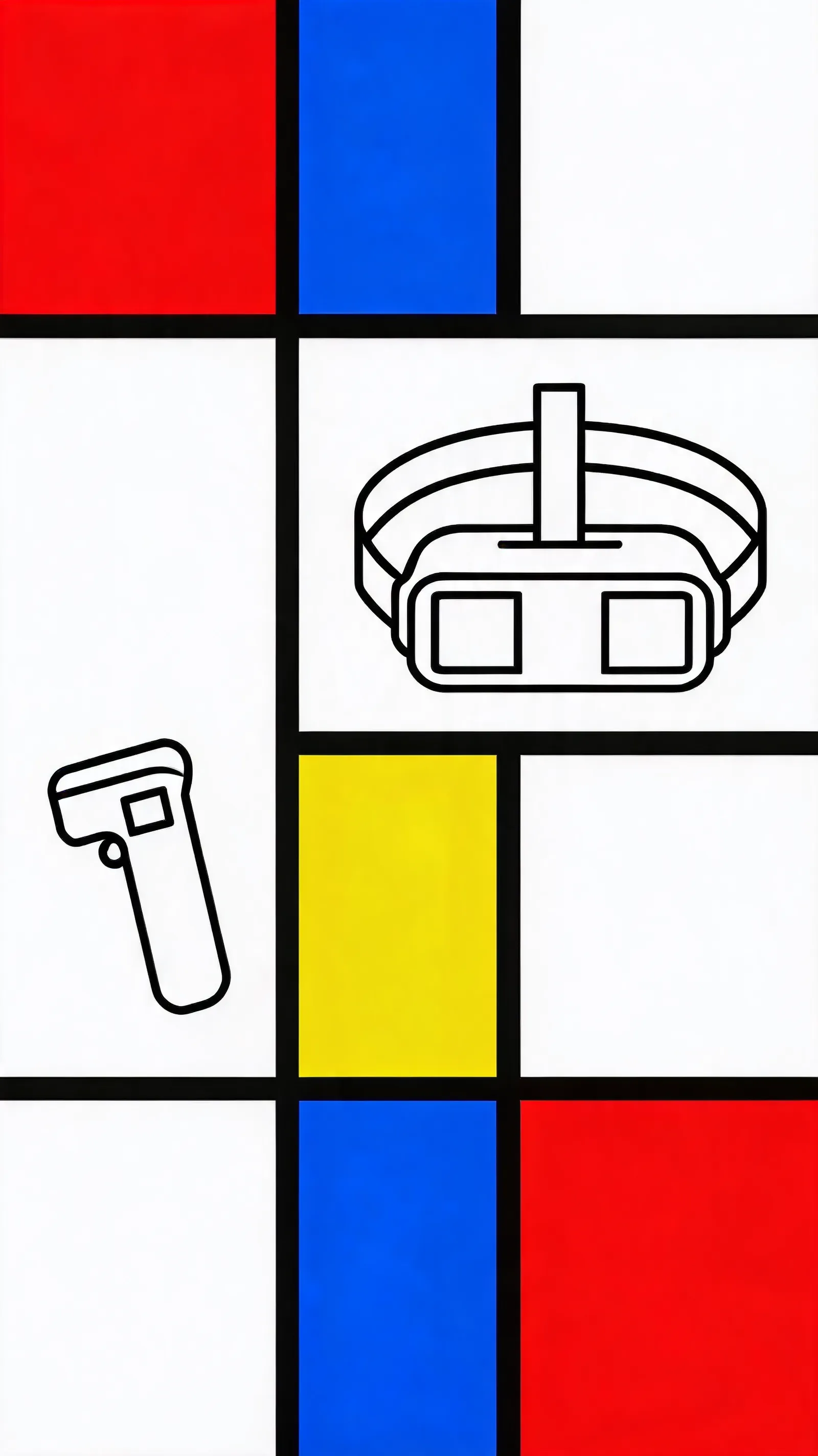 Virtual reality space in Piet Mondrian style, primary colors, black grid lines, geometric shapes representing VR elements, clean minimal design, neo-plasticism