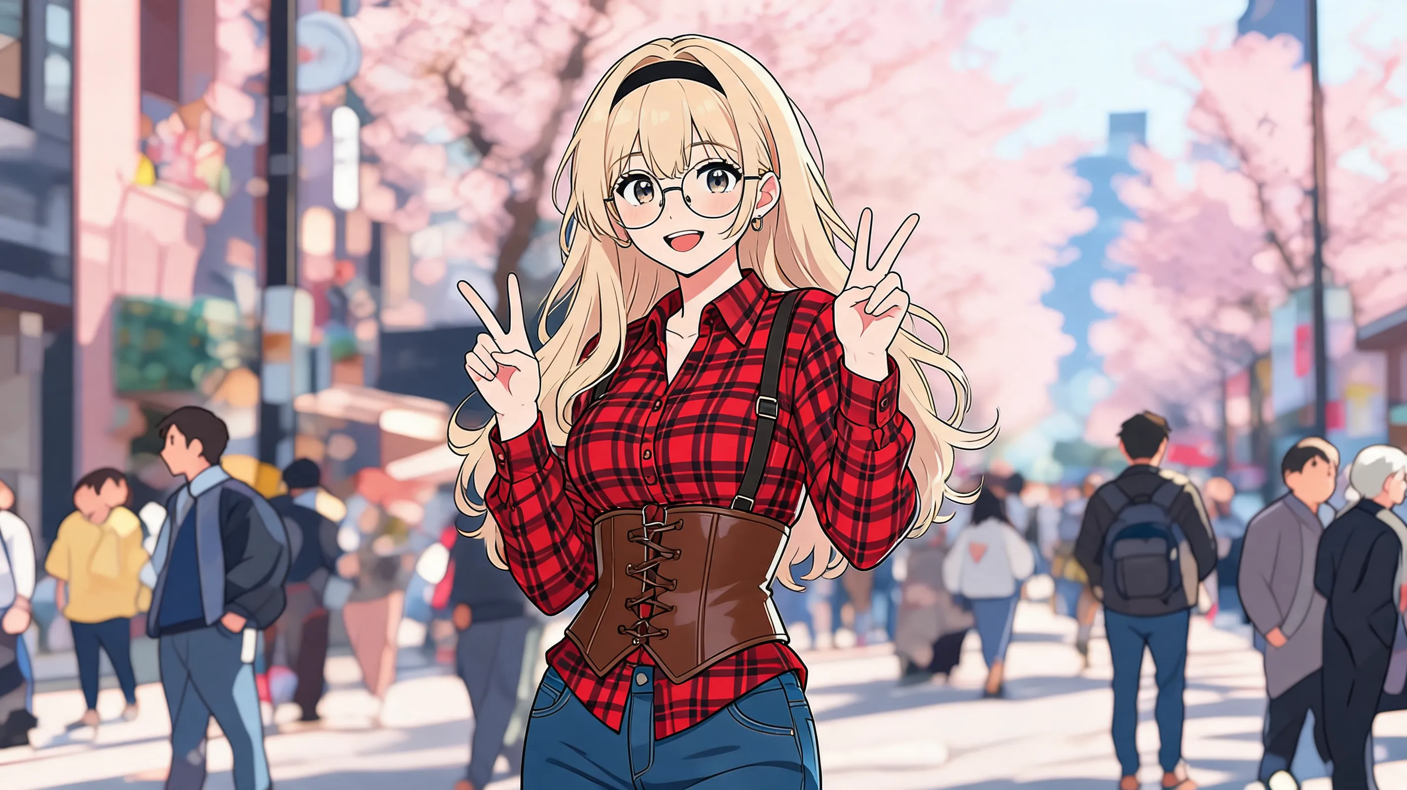 (masterpiece, best quality:1.2), 2D anime style, flat color, cel shading, comic illustration, 1girl, solo, blonde long hair, black hairband, round glasses, smiling, open mouth, red and black plaid shirt, brown leather corset belt, dark blue jeans, dynamic pose, making peace sign with both hands, clear bold outlines, vibrant anime colors, sticker style