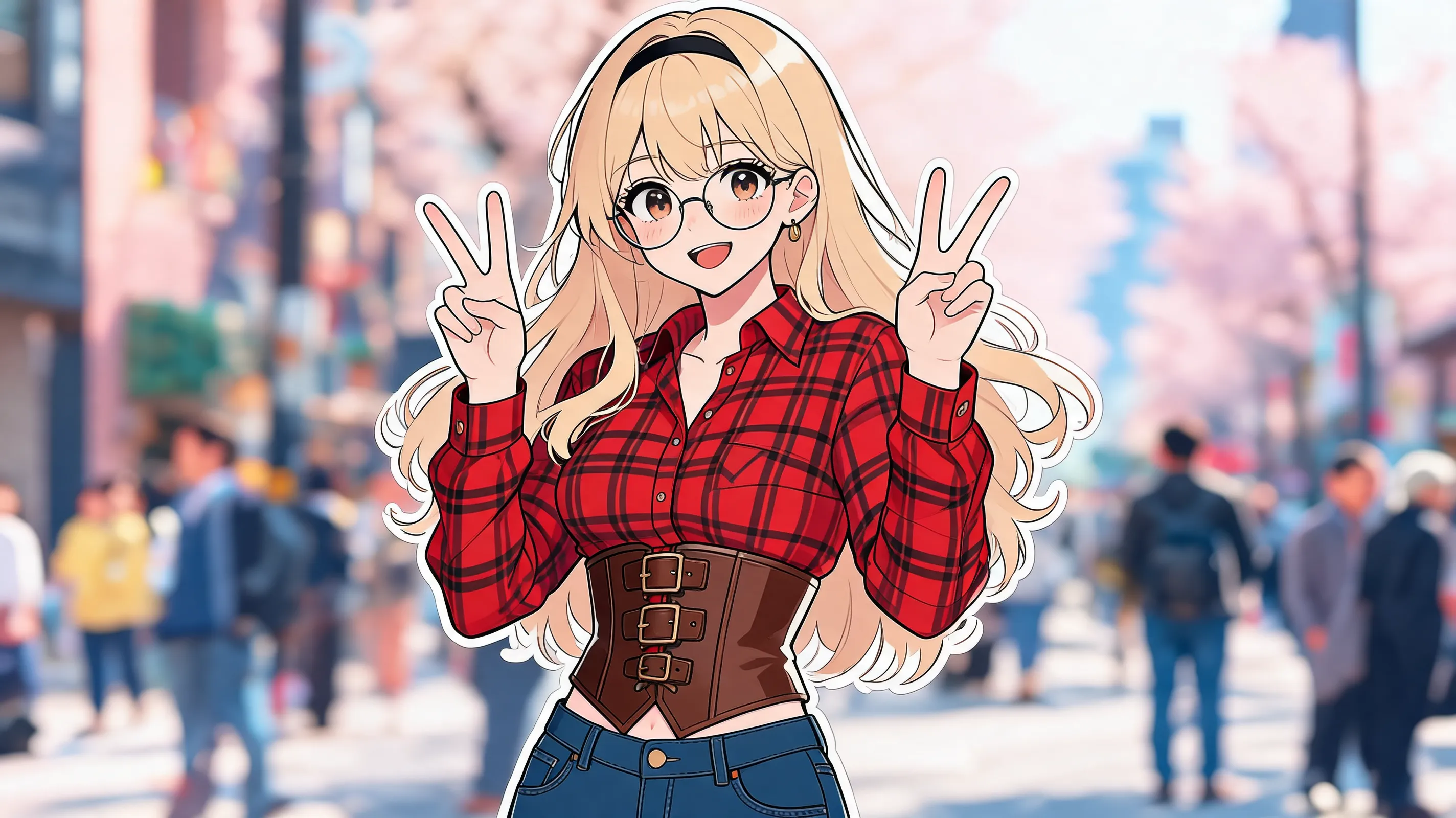 (masterpiece, best quality:1.2), 2D anime style, flat color, cel shading, comic illustration, 1girl, solo, blonde long hair, black hairband, round glasses, smiling, open mouth, red and black plaid shirt, brown leather corset belt, dark blue jeans, dynamic pose, making peace sign with both hands, clear bold outlines, vibrant anime colors, sticker style (worst quality, low quality:1.4), 3D, realistic, photorealistic, photography, real life, background, scenery, environment, landscape, bad anatomy, bad hands, missing fingers, extra digits, deformed, ugly, blurry