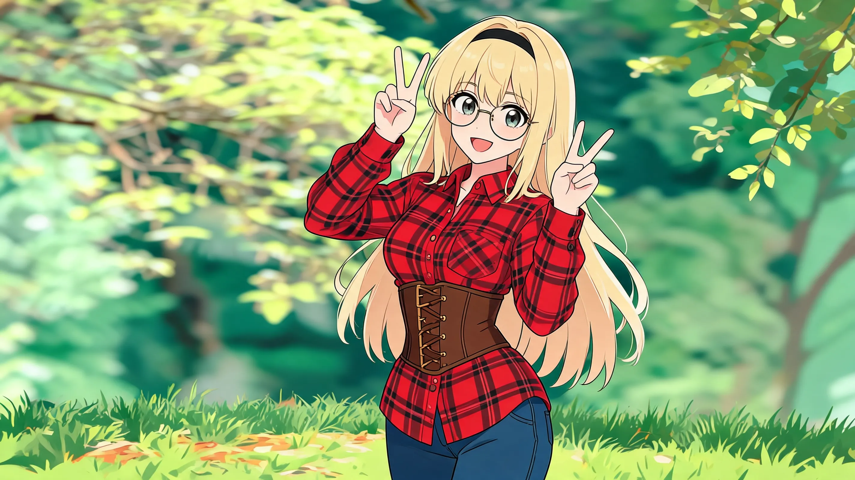 (masterpiece, best quality:1.2), 2D anime style, flat color, cel shading, comic illustration, 1girl, solo, blonde long hair, black hairband, round glasses, smiling, open mouth, red and black plaid shirt, brown leather corset belt, dark blue jeans, dynamic pose, making peace sign with both hands, clear bold outlines, vibrant anime colors, sticker style (worst quality, low quality:1.4), 3D, realistic, photorealistic, photography, real life, background, scenery, environment, landscape, bad anatomy, bad hands, missing fingers, extra digits, deformed, ugly, blurry