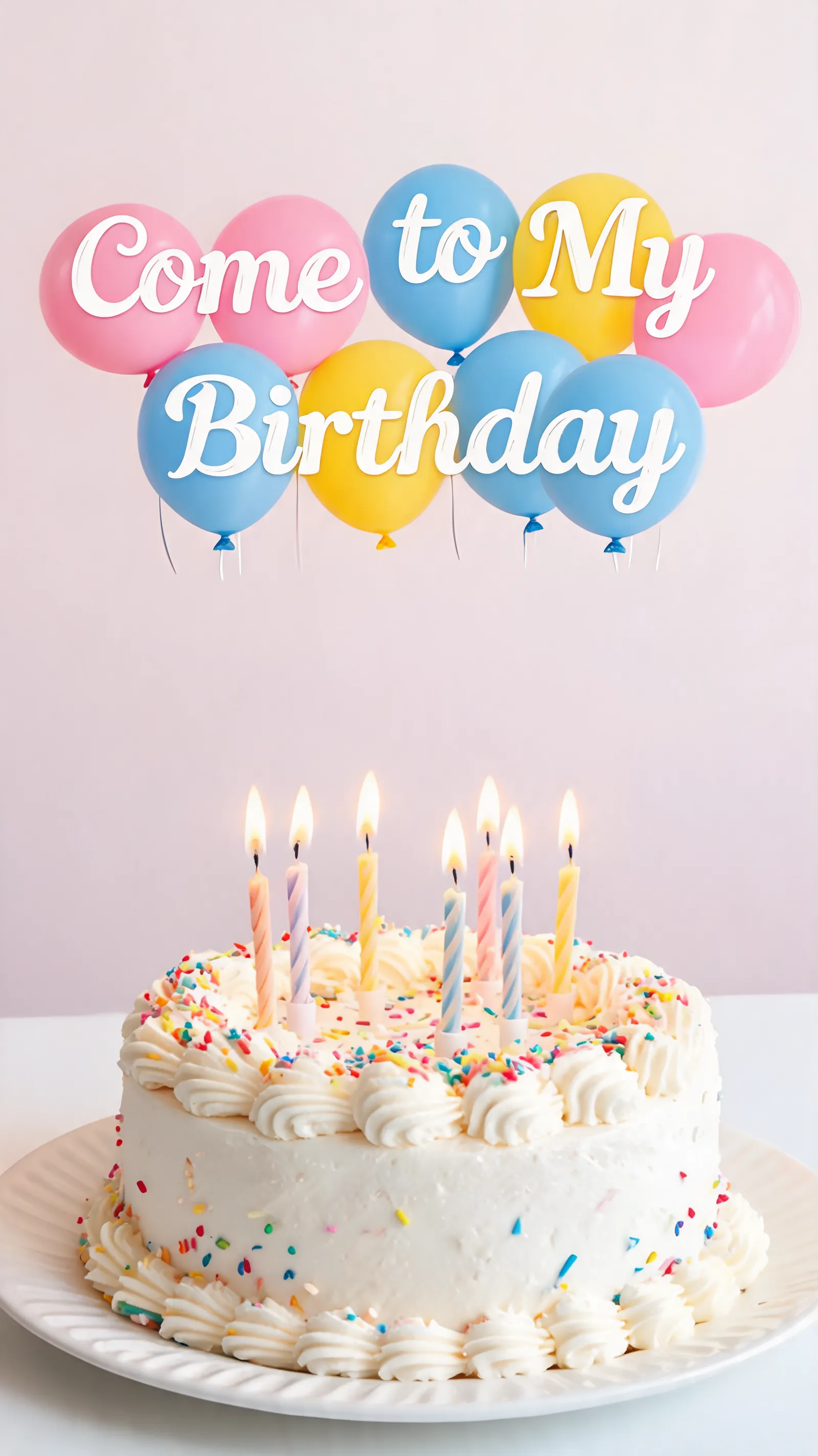 words Come to My Birthday floating in balloons abovea birthday cake