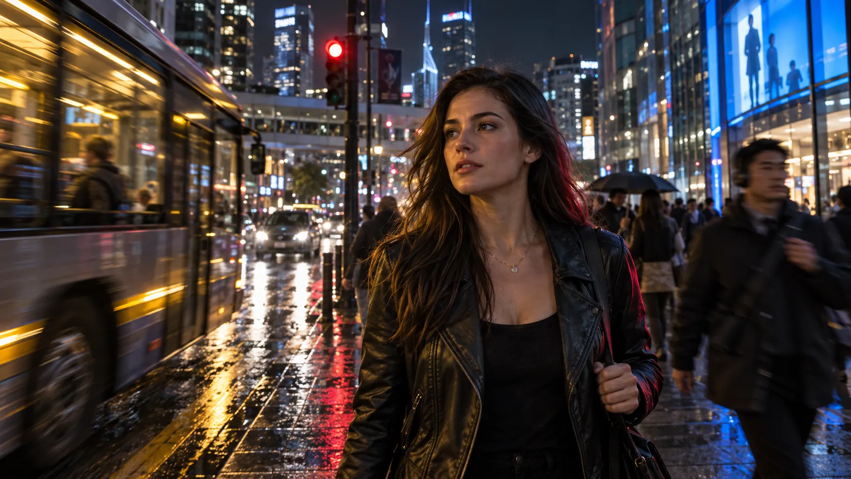 A cinematic nighttime portrait of a young American woman walking through a busy futuristic downtown street. Multiple moving sources of light illuminate her sequentially: a passing bus casts a warm yellow reflection across her face, a blue storefront creates cool edge light, a red traffic signal briefly colors the side of her jacket, and headlights from approaching cars create soft highlights in the background. The environment contains pedestrians, wet pavement, glass buildings, and realistic motion blur. The subject remains sharp while the surrounding lights and people show subtle movement. Professional street photography, realistic exposure and optics.