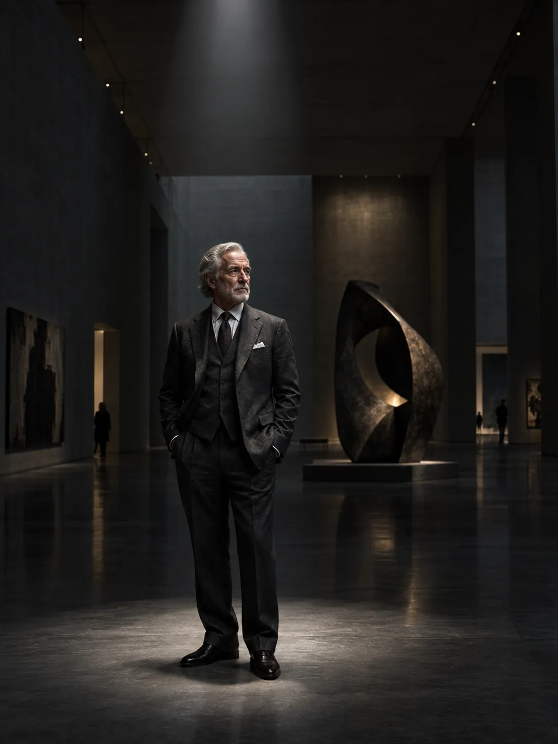 A refined portrait of an elegant older European man standing inside a vast contemporary art museum. A narrow architectural spotlight from the ceiling illuminates only his upper body while the enormous gallery around him falls gradually into darkness. A large abstract sculpture behind him catches a small amount of reflected light, creating a secondary visual focal point. His tailored charcoal suit shows extremely subtle wool texture, while his face contains realistic age lines and natural skin variation. Fine-art editorial photography, controlled chiaroscuro, medium-format camera, restrained color palette.