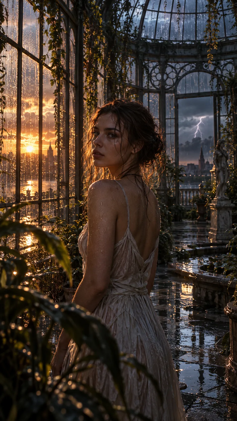 A highly realistic cinematic portrait of a young European woman standing inside an abandoned glass conservatory during a dramatic sunset storm. Multiple complex lighting conditions coexist naturally within the scene: warm orange sunlight breaks through storm clouds from the left, cool blue ambient skylight fills the shadows from above, intense reflections bounce from hundreds of wet glass panels, narrow beams of sunlight pass through hanging vines, and distant lightning briefly illuminates the dark clouds behind the building. Rainwater covers the glass walls and creates irregular reflections and refractions. Her damp hair catches a subtle golden rim light while individual water droplets remain visible on her skin and clothing. Her face is partially illuminated but retains natural shadow gradients without artificial beauty lighting. Wet stone floors reflect fragmented light rather than perfect mirror images. Several plants in the foreground create soft silhouettes and partial occlusion. Realistic human anatomy, natural skin pores, individual hair strands, physically plausible atmospheric scattering, realistic glass refraction, cinematic dynamic range, shot on an ARRI cinema camera with a 50mm anamorphic lens, subtle optical imperfections, sophisticated color science, photorealistic editorial cinematography.